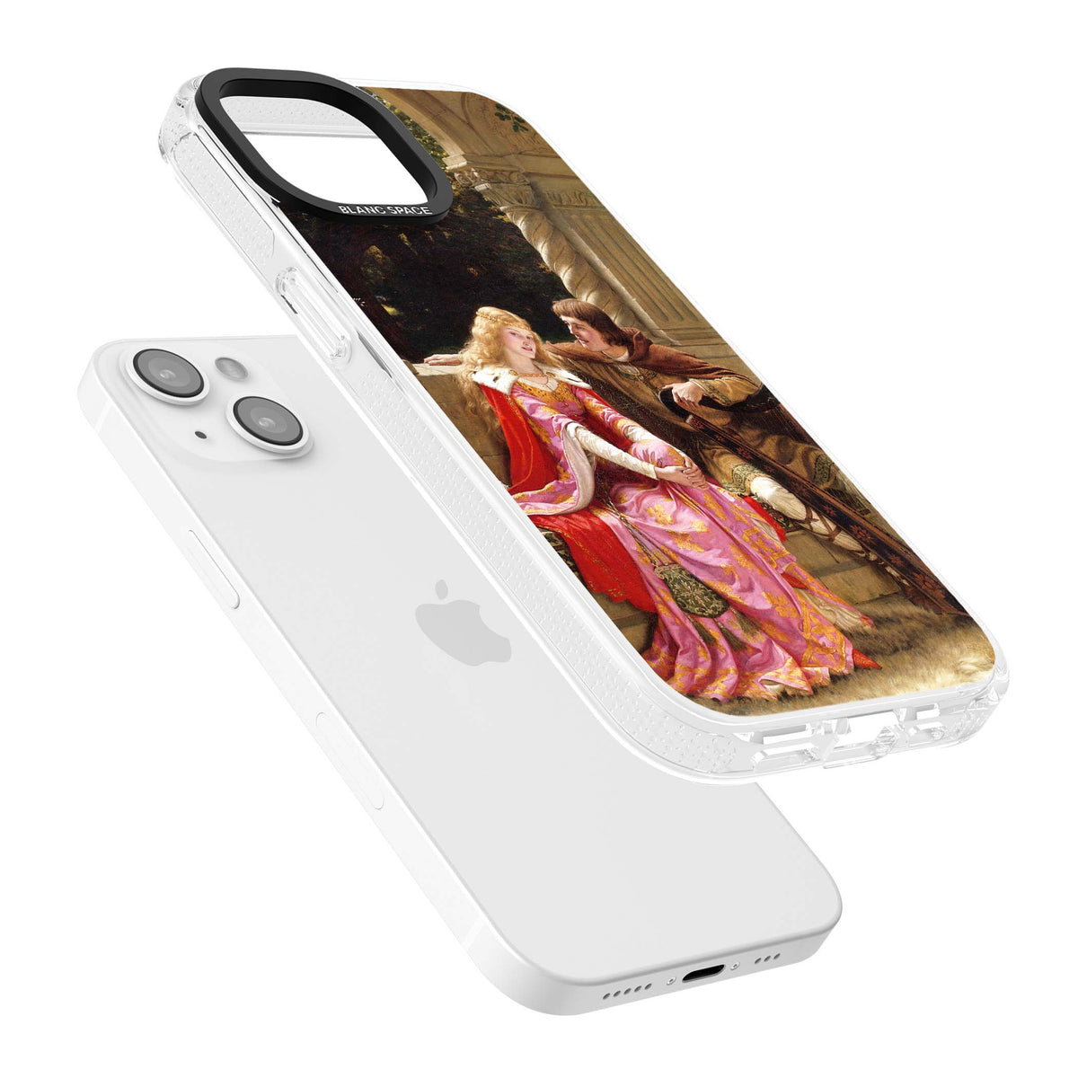 The End of the Song classic art iPhone case featuring a medieval lady in pink gown and her knight in a stone archway | Clear Case Impact Air case for iPhone 15, iPhone 15 Plus