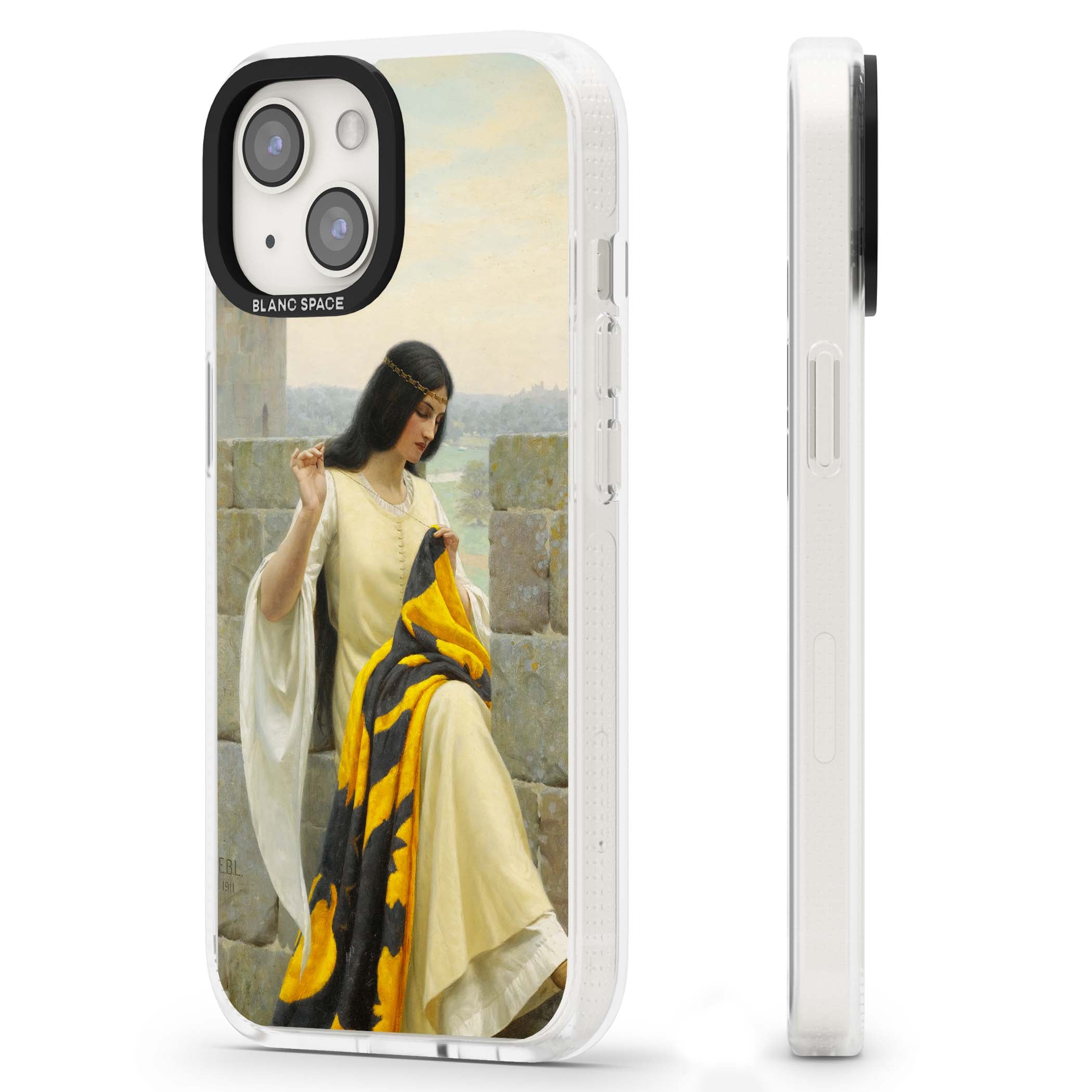 Stitching the Standard renaissance art iPhone case featuring a medieval lady sewing a golden banner on a castle wall | Clear Case Impact Air case for iPhone 15, iPhone 15 Plus