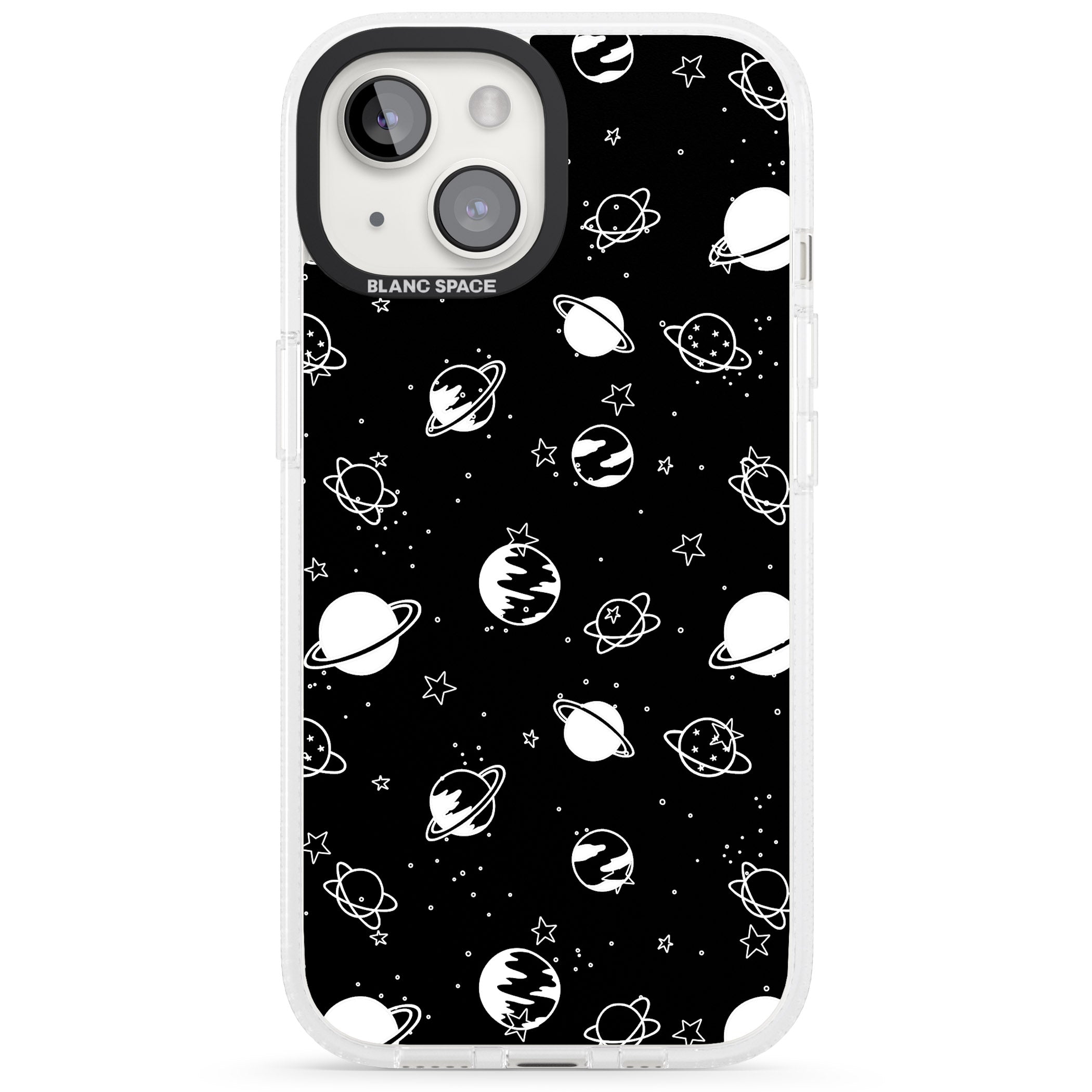 White Planets on Black iPhone 15 / 14 / 13 Clear Case Impact Air - Blanc Space