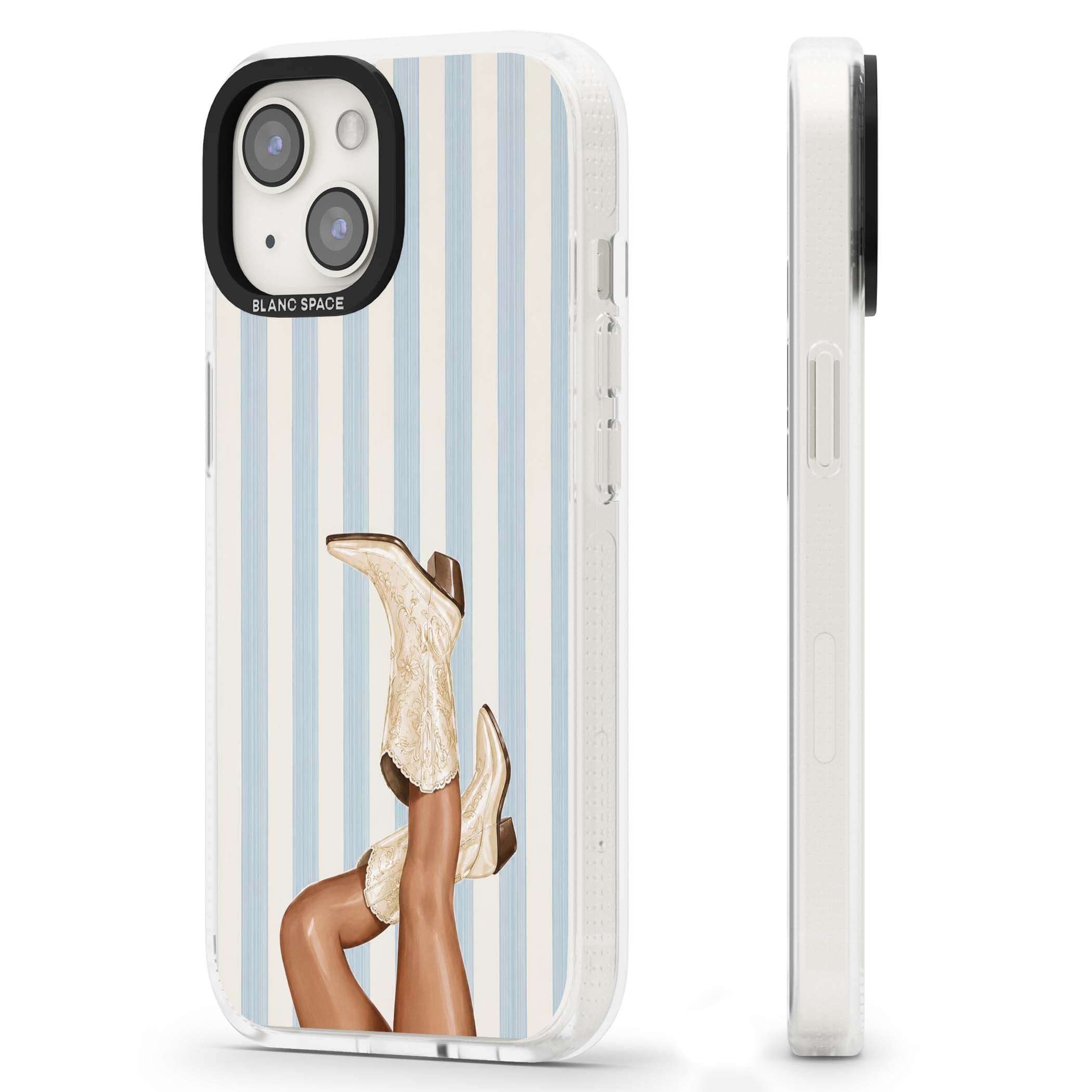 Cowgirl Boots coastal cowgirl iPhone case featuring embroidered western boots, tanned legs and a blue stripe backdrop | Clear Case Impact Air case for iPhone 15, iPhone 15 Plus