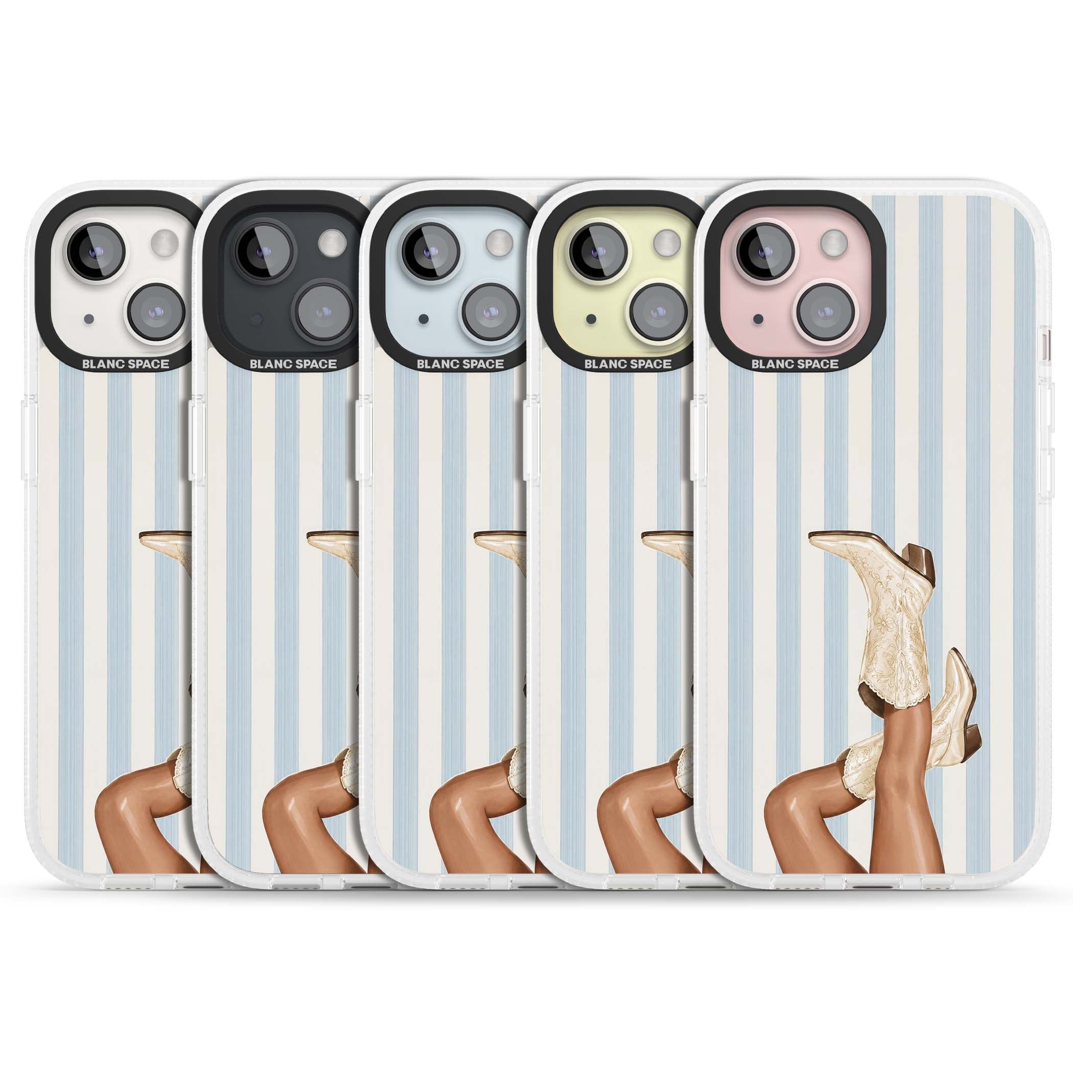 Cowgirl Boots coastal cowgirl iPhone case featuring embroidered western boots, tanned legs and a blue stripe backdrop | Clear Case Impact Air case for iPhone 15, iPhone 15 Plus