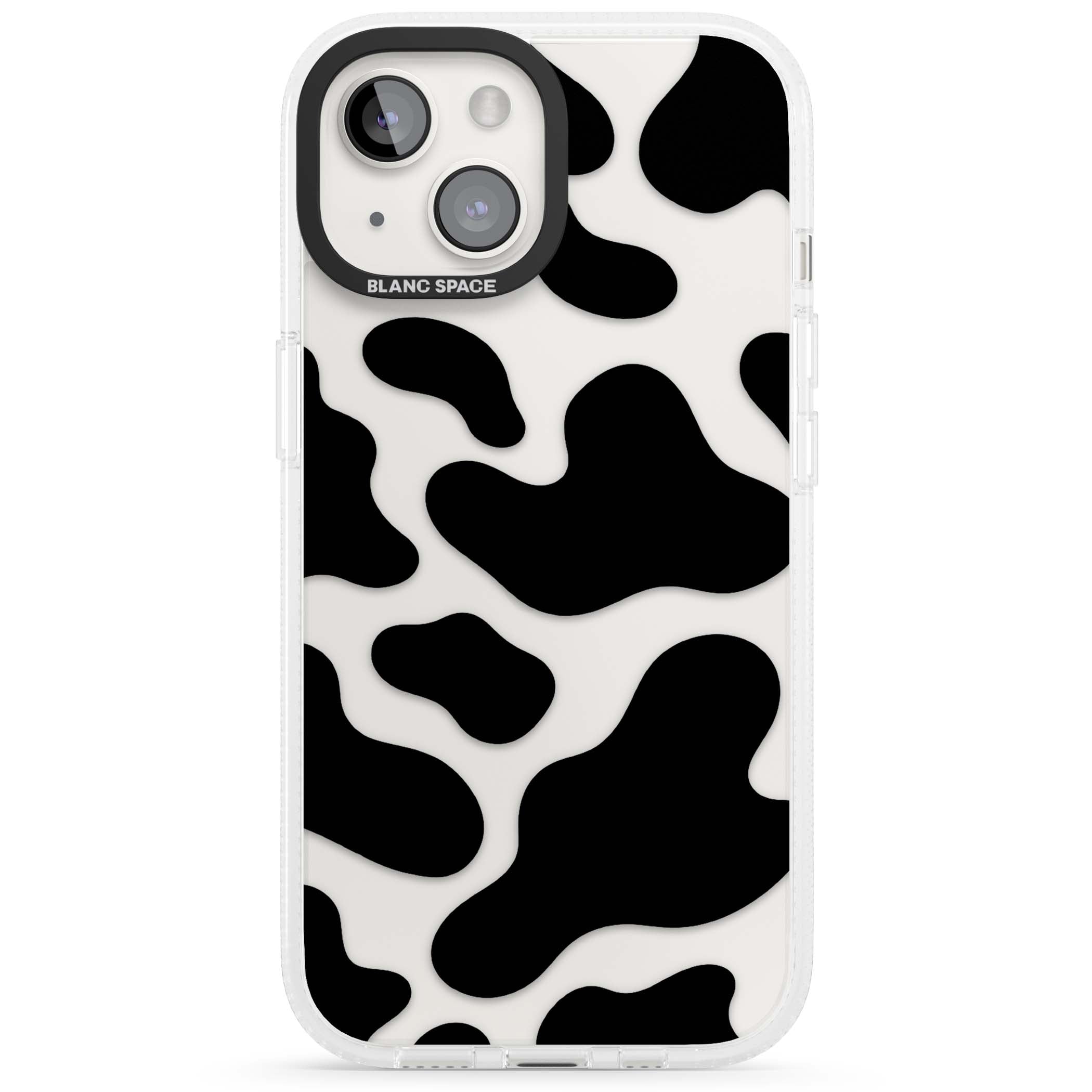 Clear Cow Print cow print iPhone case featuring black and white cow pattern splotches on a clear background | Clear Case Impact Air case for iPhone 15, iPhone 15 Plus