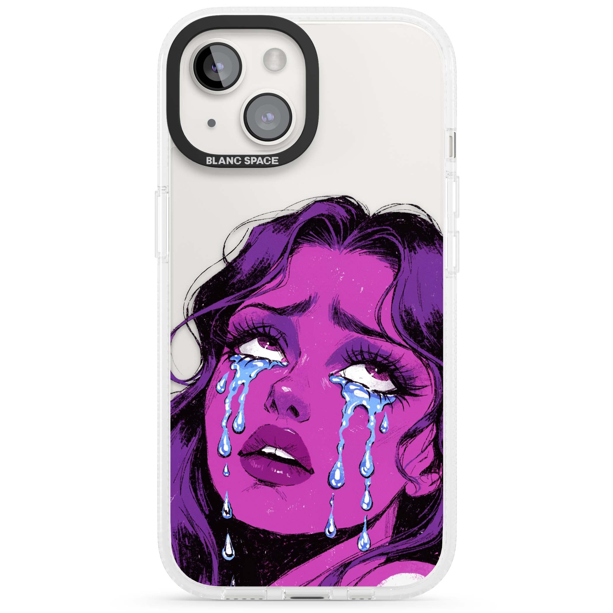 Drama Queen pop art iPhone case featuring a purple crying comic girl with blue tears | Clear Case Impact Air case for iPhone 15, iPhone 15 Plus