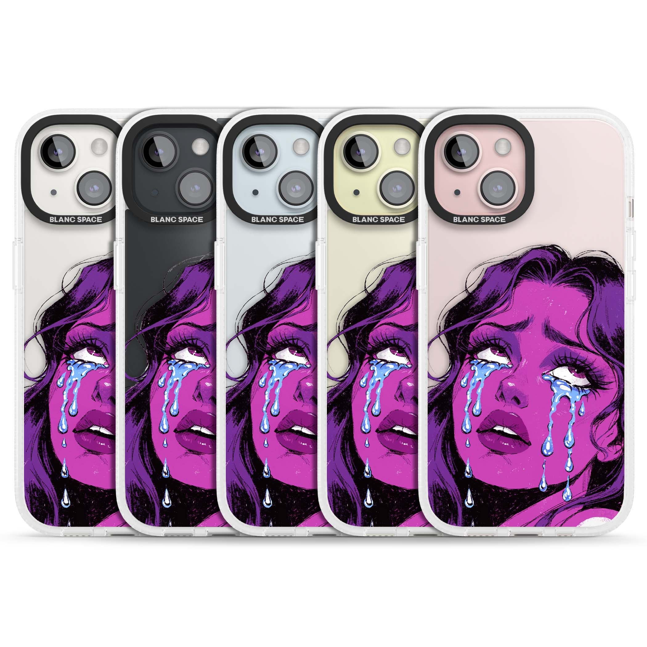 Drama Queen pop art iPhone case featuring a purple crying comic girl with blue tears | Clear Case Impact Air case for iPhone 15, iPhone 15 Plus