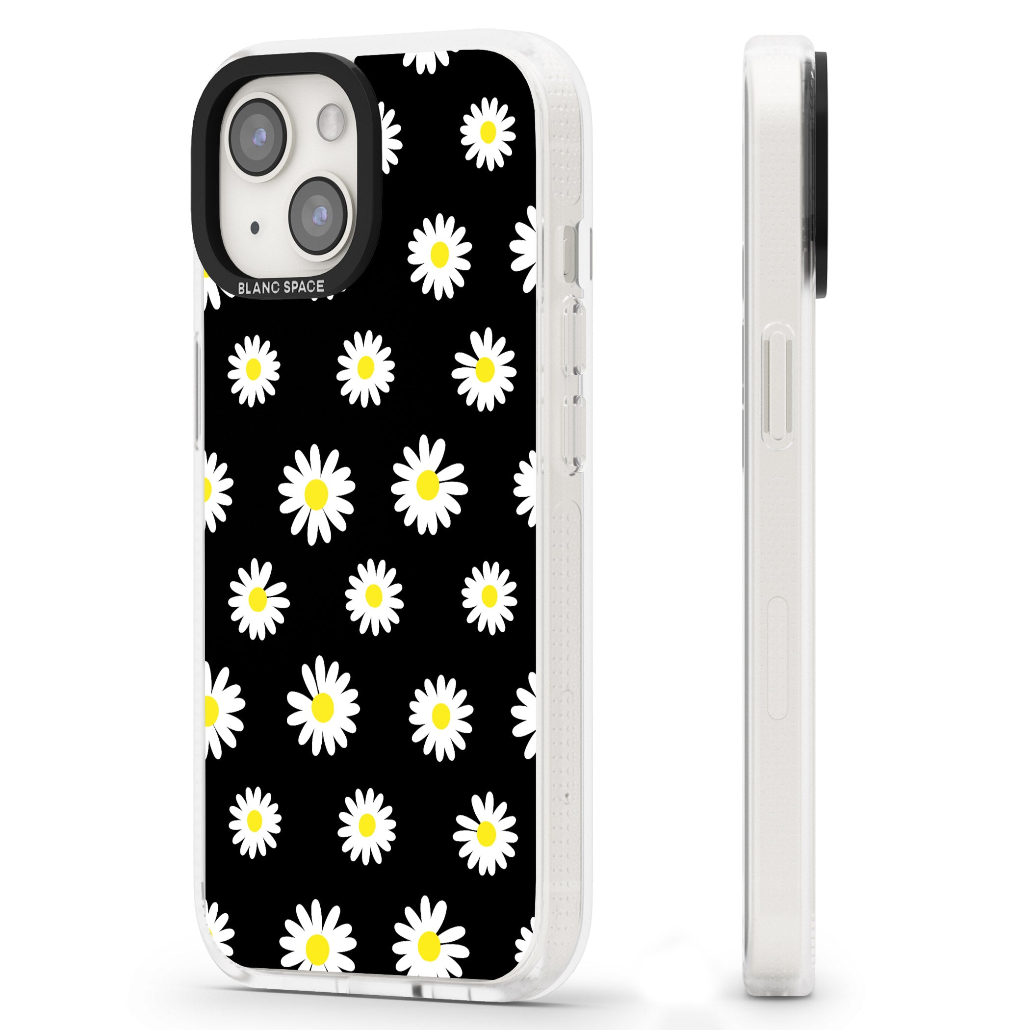 White Daisy Pattern (Black) iPhone 15 / 14 / 13 Clear Case Impact Air - Blanc Space