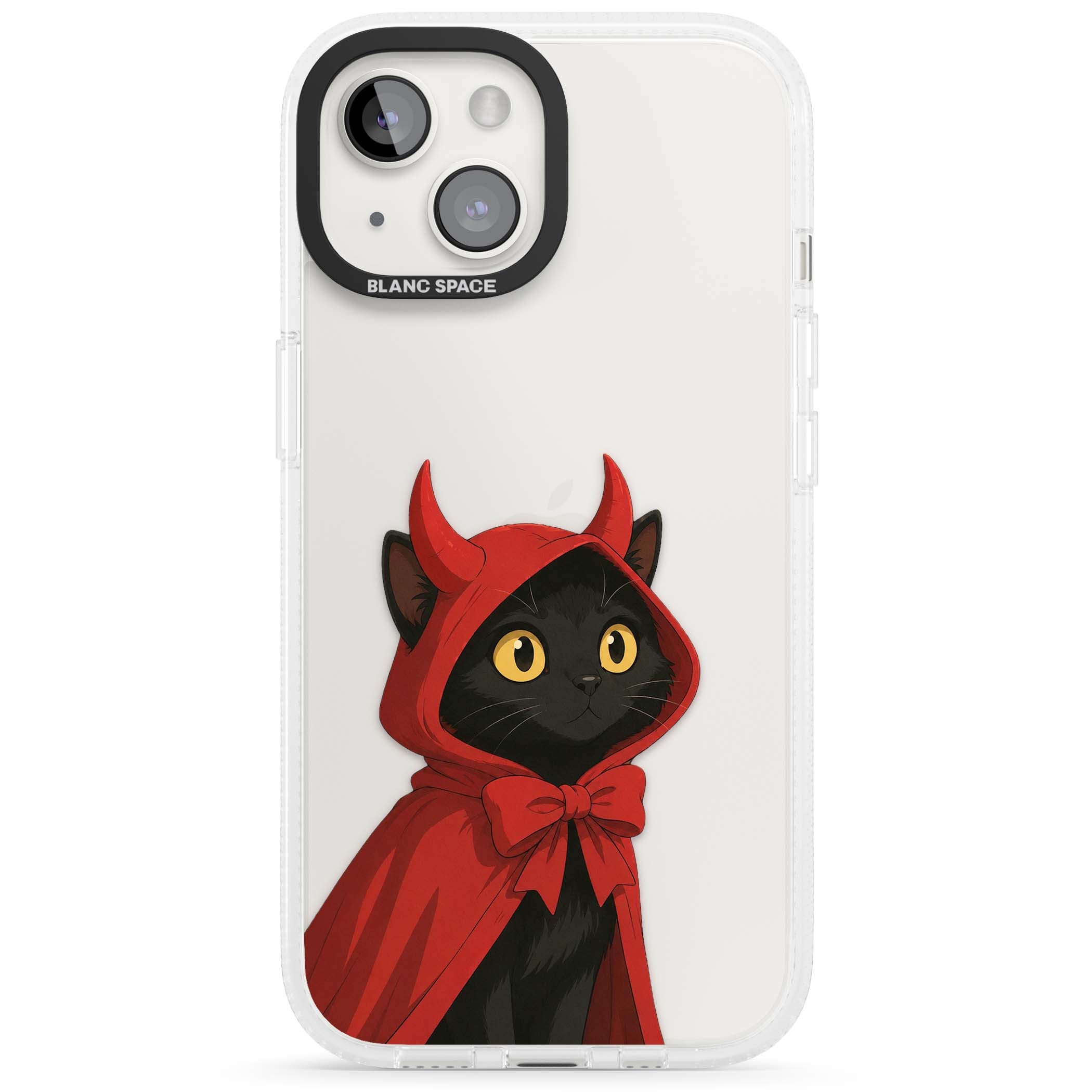Little Devil halloween iPhone case featuring a black cat in a red hooded devil cloak with horns and golden eyes | Clear Case Impact Air case for iPhone 15, iPhone 15 Plus