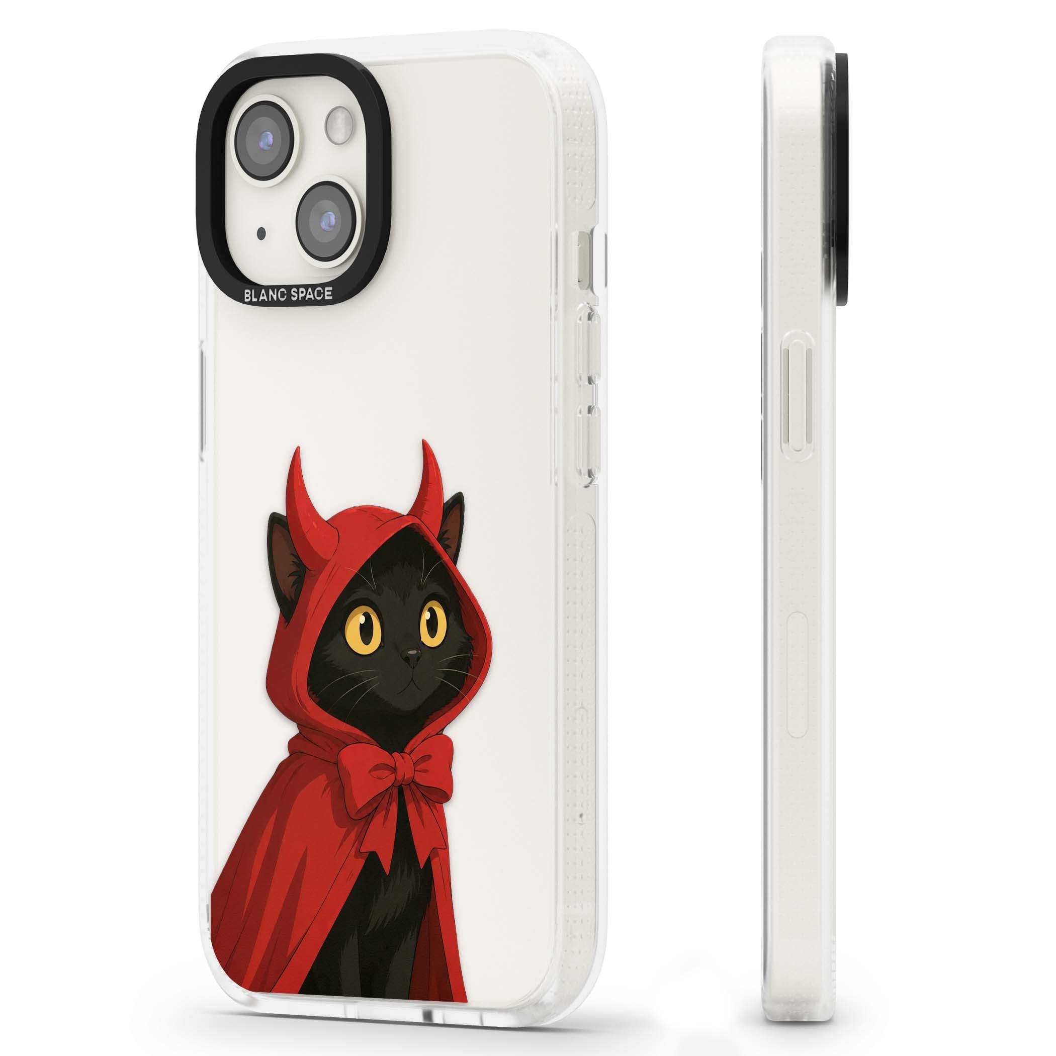 Little Devil halloween iPhone case featuring a black cat in a red hooded devil cloak with horns and golden eyes | Clear Case Impact Air case for iPhone 15, iPhone 15 Plus
