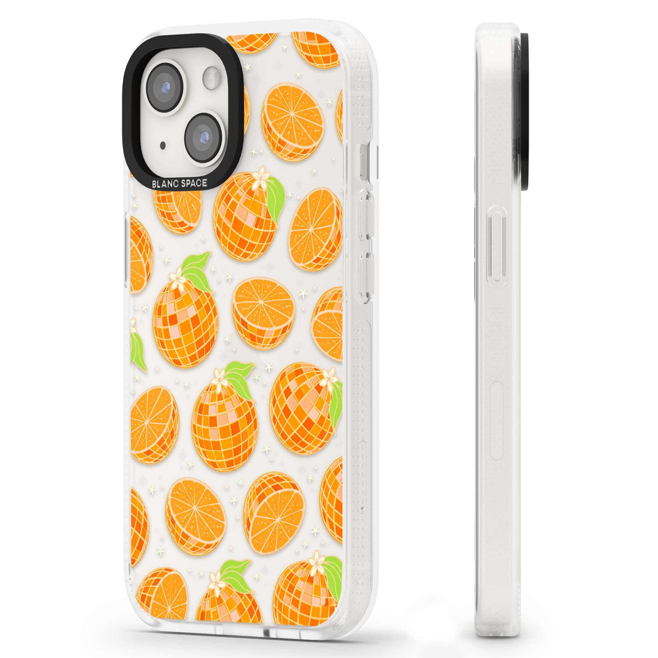Disco Oranges retro iPhone case featuring mirrorball oranges, citrus slices and tiny blossoms on clear | Clear Case Impact Air case for iPhone 15, iPhone 15 Plus