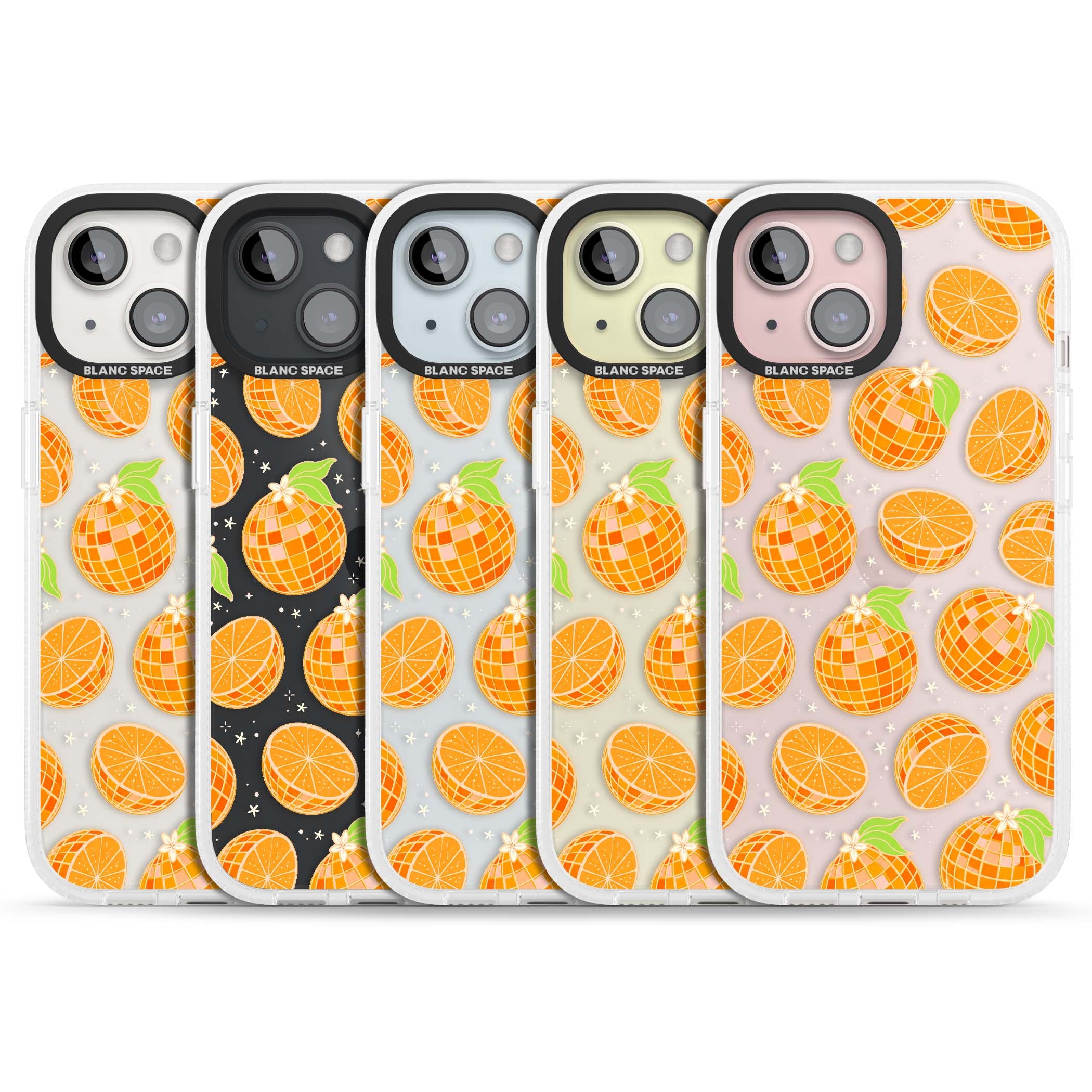 Disco Oranges retro iPhone case featuring mirrorball oranges, citrus slices and tiny blossoms on clear | Clear Case Impact Air case for iPhone 15, iPhone 15 Plus