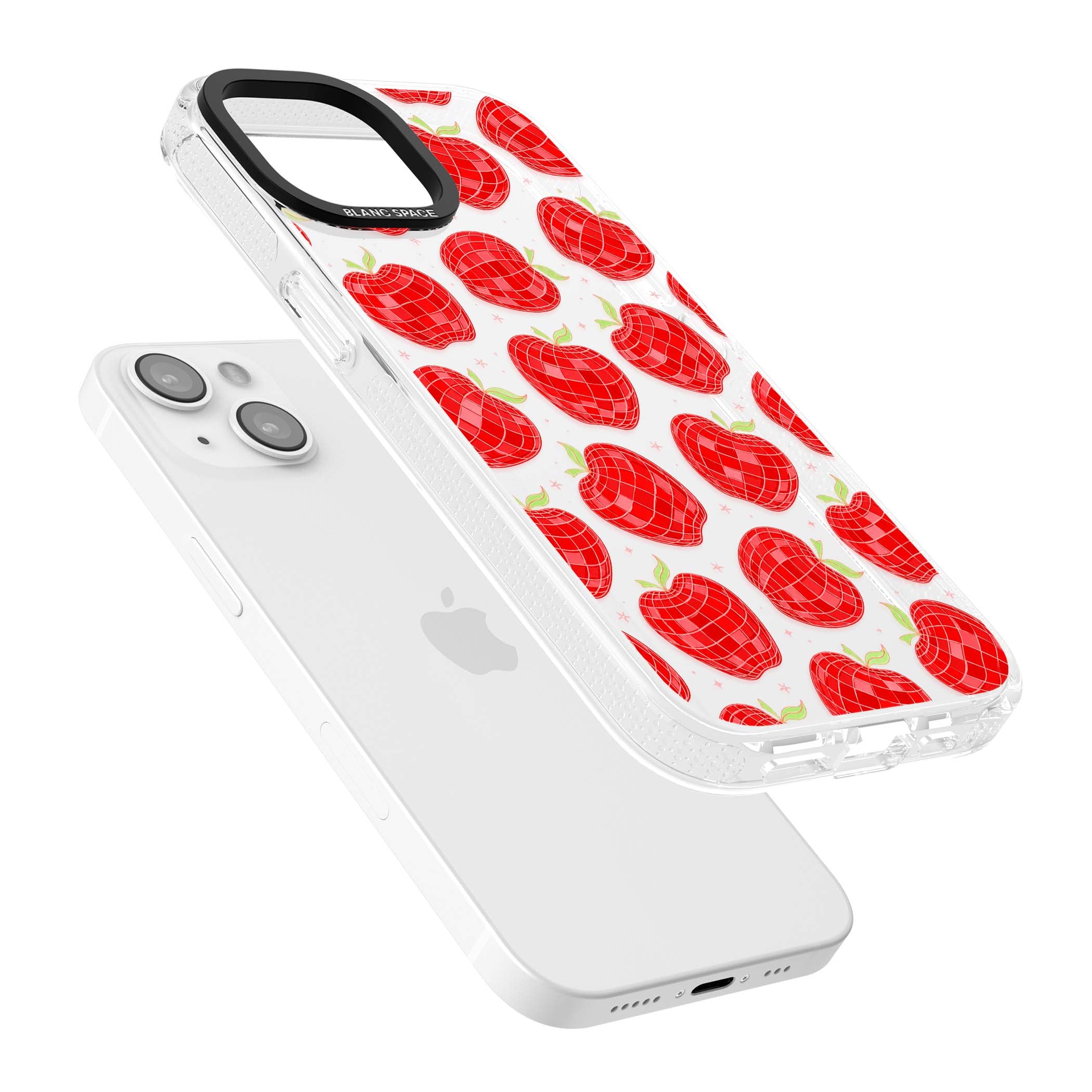 Disco Apples Y2K iPhone case featuring red disco ball apples, green leaves and pink sparkles on clear | Clear Case Impact Air case for iPhone 15, iPhone 15 Plus