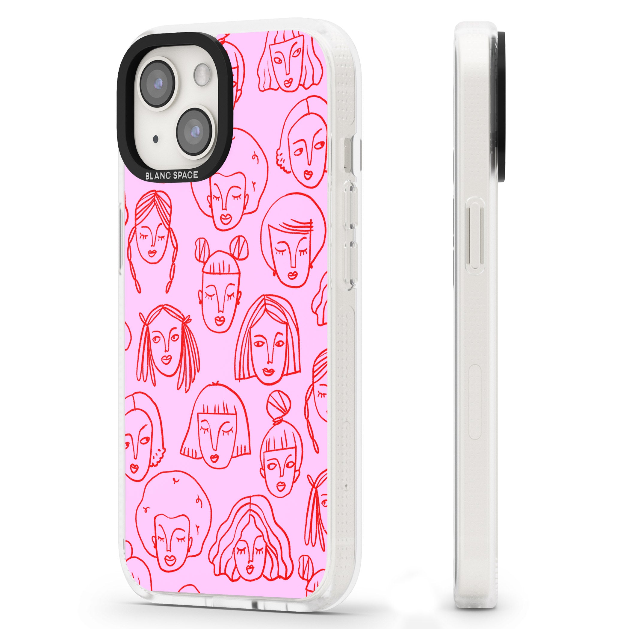 Girl Portrait Doodles in Pink & Red iPhone 15 / 14 / 13 Clear Case Impact Air - Blanc Space