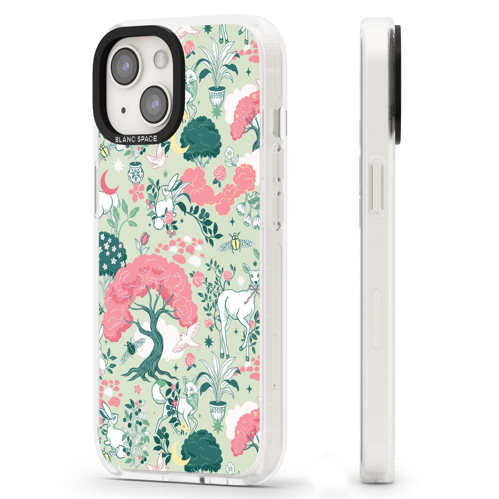 Enchanted Woodland cottagecore iPhone case featuring white deer, pink roses, mushrooms and woodland animals on sage green | Clear Case Impact Air case for iPhone 15, iPhone 15 Plus