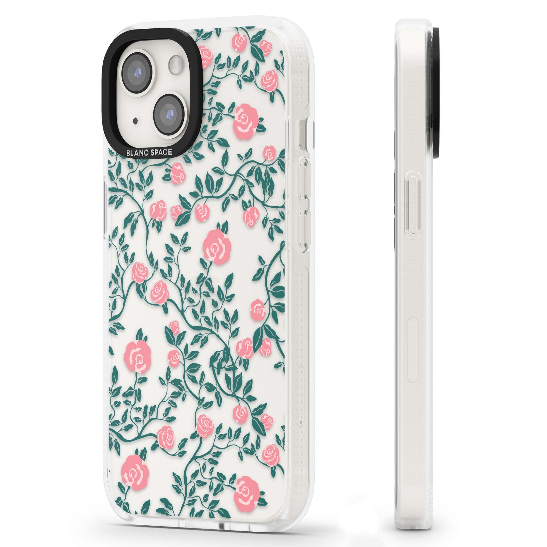 Rose Trellis (Clear) cottagecore iPhone case featuring pink climbing roses and green leaves on clear background | Clear Case Impact Air case for iPhone 15, iPhone 15 Plus