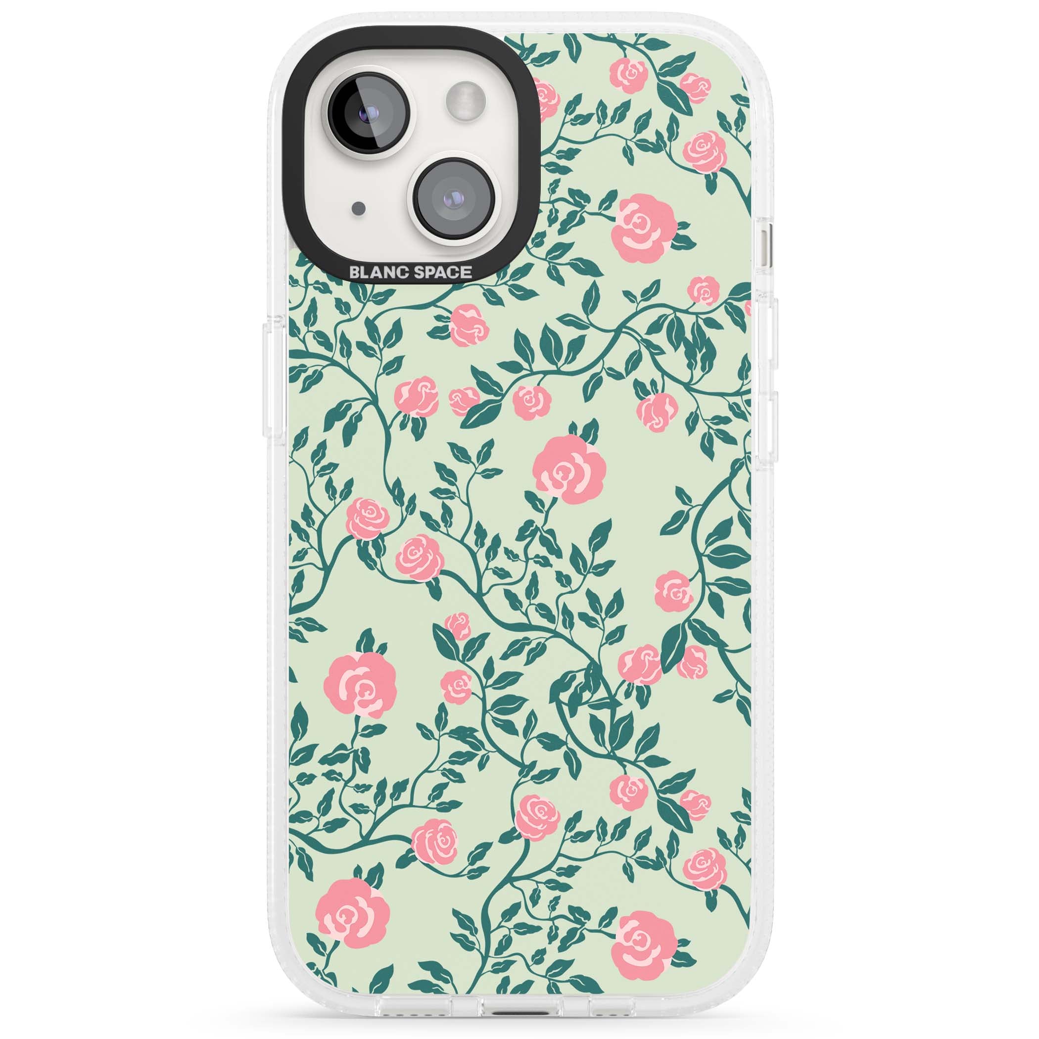 Rose Trellis cottagecore iPhone case featuring pink roses, sage green vines, and mint background | Clear Case Impact Air case for iPhone 15, iPhone 15 Plus