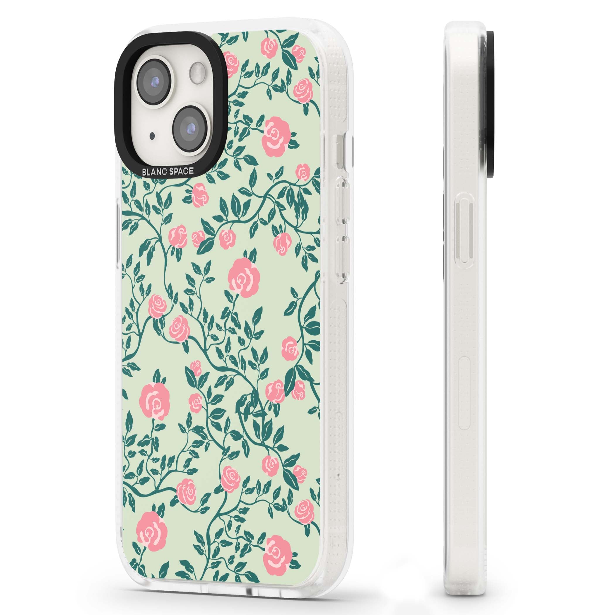 Rose Trellis cottagecore iPhone case featuring pink roses, sage green vines, and mint background | Clear Case Impact Air case for iPhone 15, iPhone 15 Plus