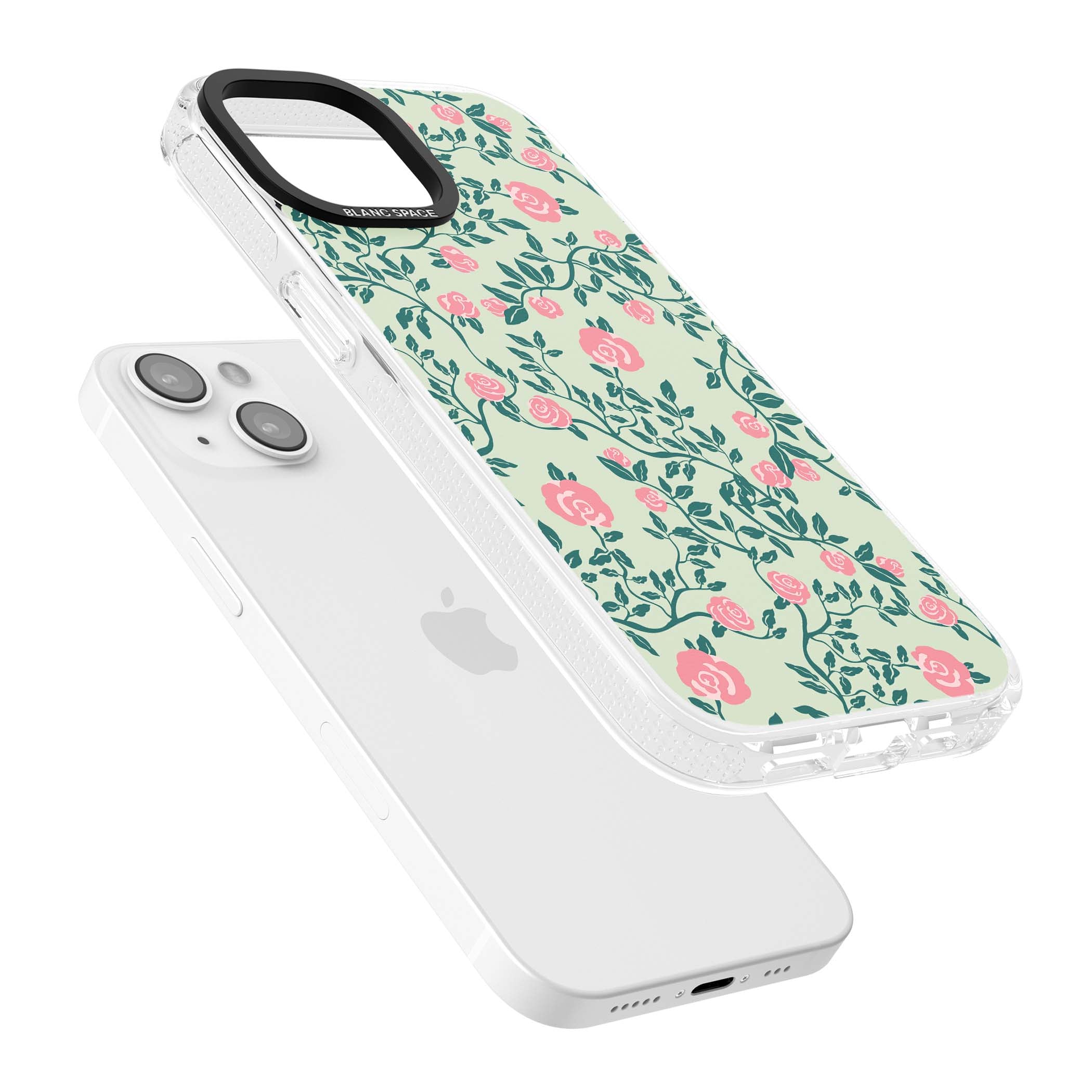 Rose Trellis cottagecore iPhone case featuring pink roses, sage green vines, and mint background | Clear Case Impact Air case for iPhone 15, iPhone 15 Plus