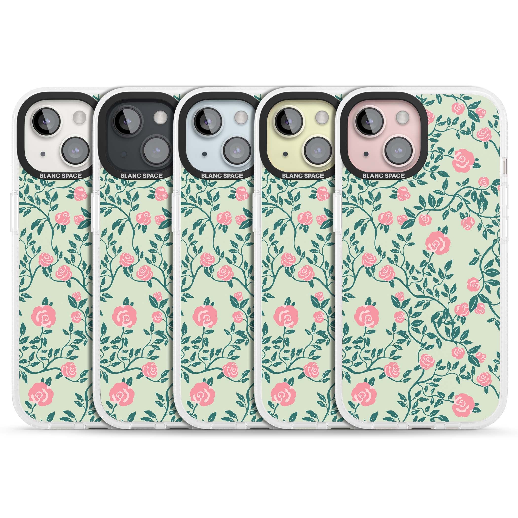 Rose Trellis cottagecore iPhone case featuring pink roses, sage green vines, and mint background | Clear Case Impact Air case for iPhone 15, iPhone 15 Plus