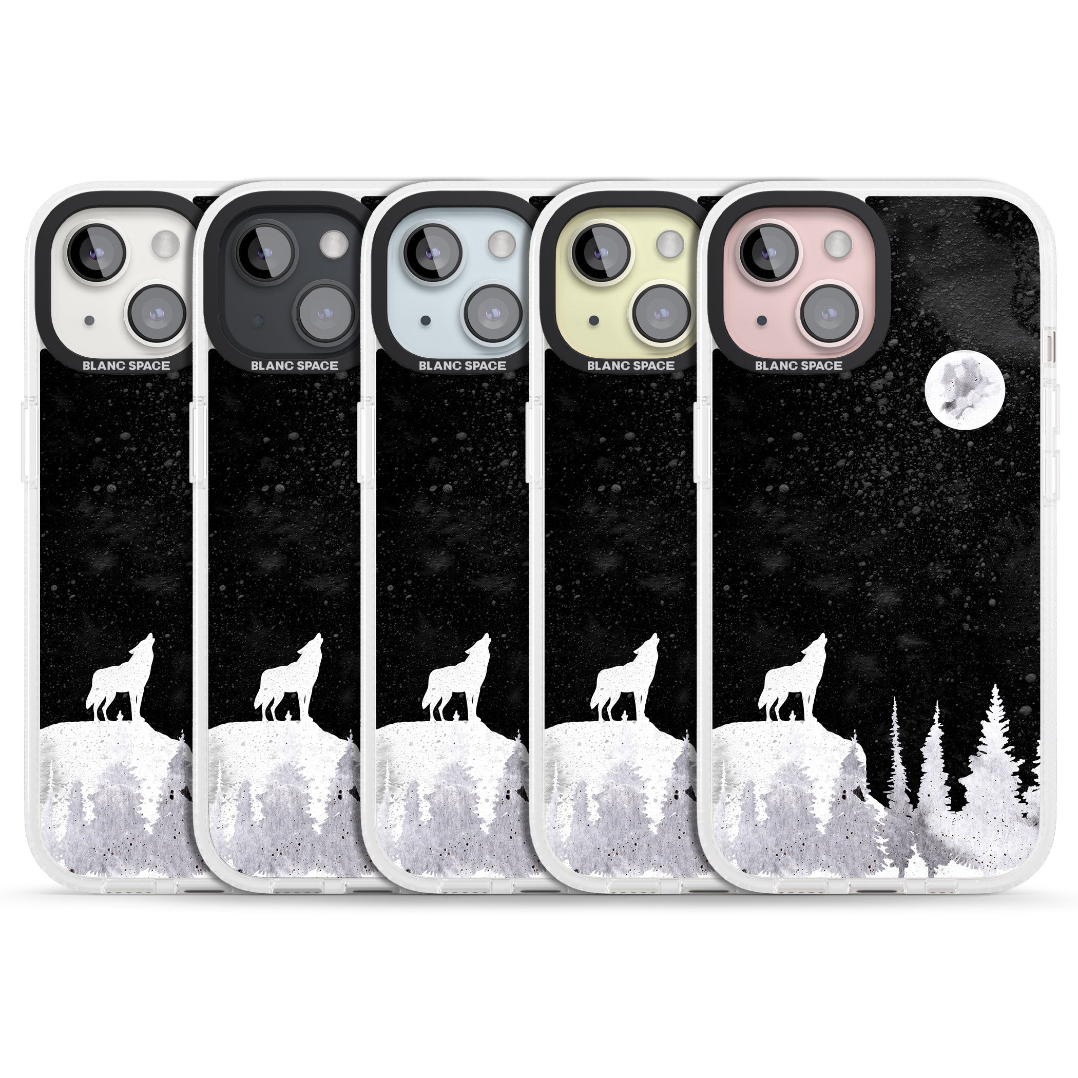 Moon Phases: Wolf & Full Moon iPhone 15 / 14 / 13 Clear Case Impact Air - Blanc Space