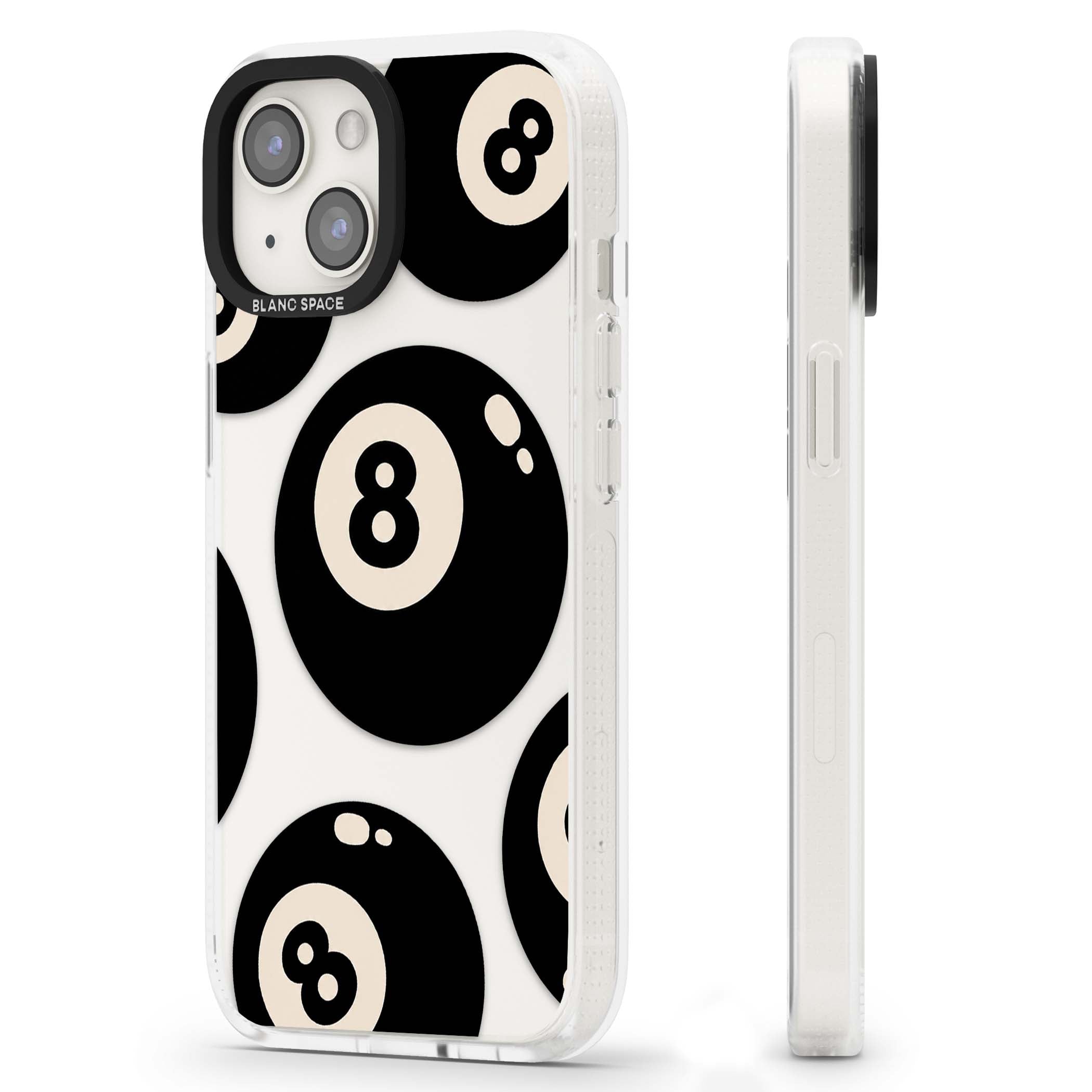 Eights y2k iPhone case featuring scattered black 8 balls with cream highlights on a clear background | Clear Case Impact Air case for iPhone 15, iPhone 15 Plus