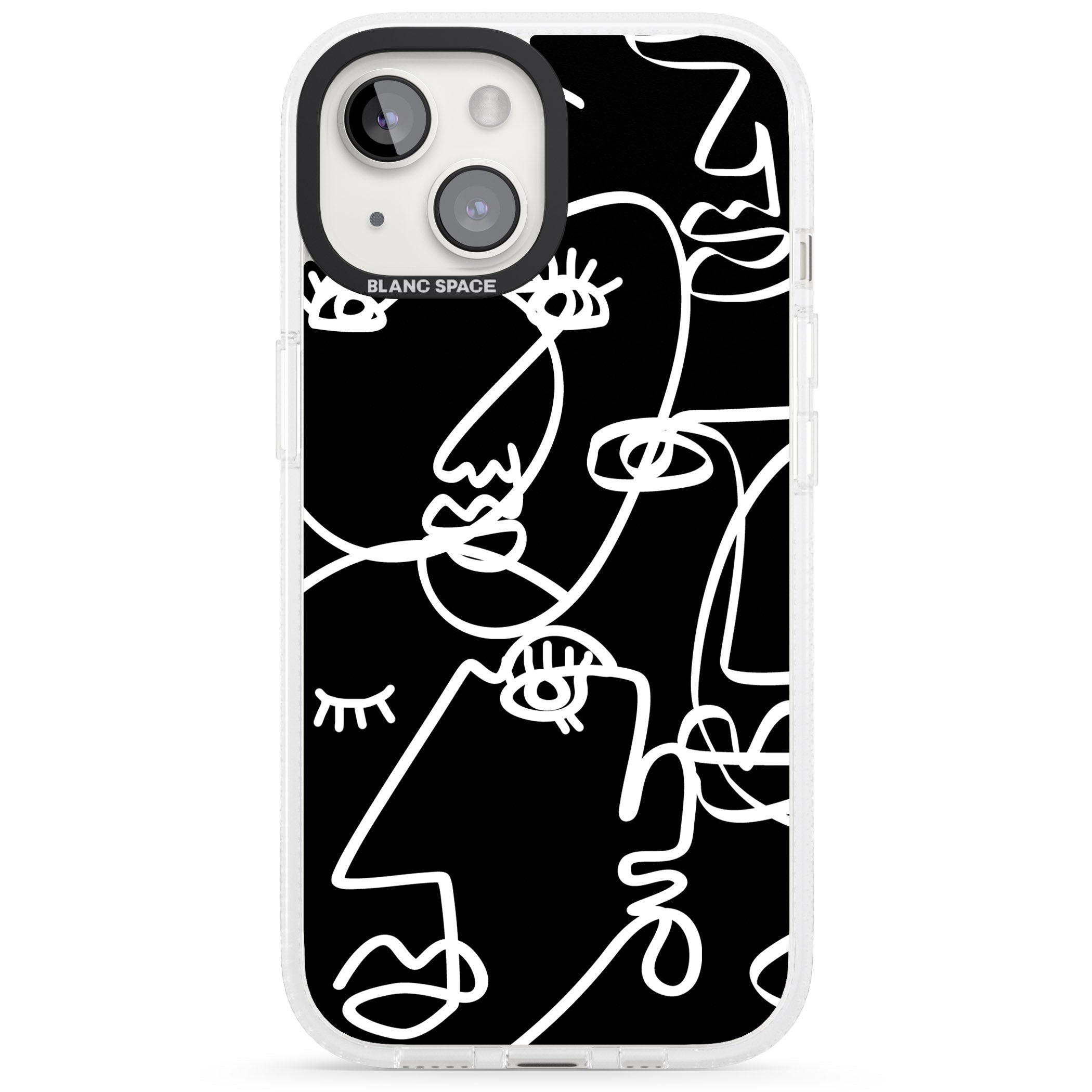 Abstract Continuous Line Faces White on Black iPhone 15 / 14 / 13 Clear Case Impact Air - Blanc Space