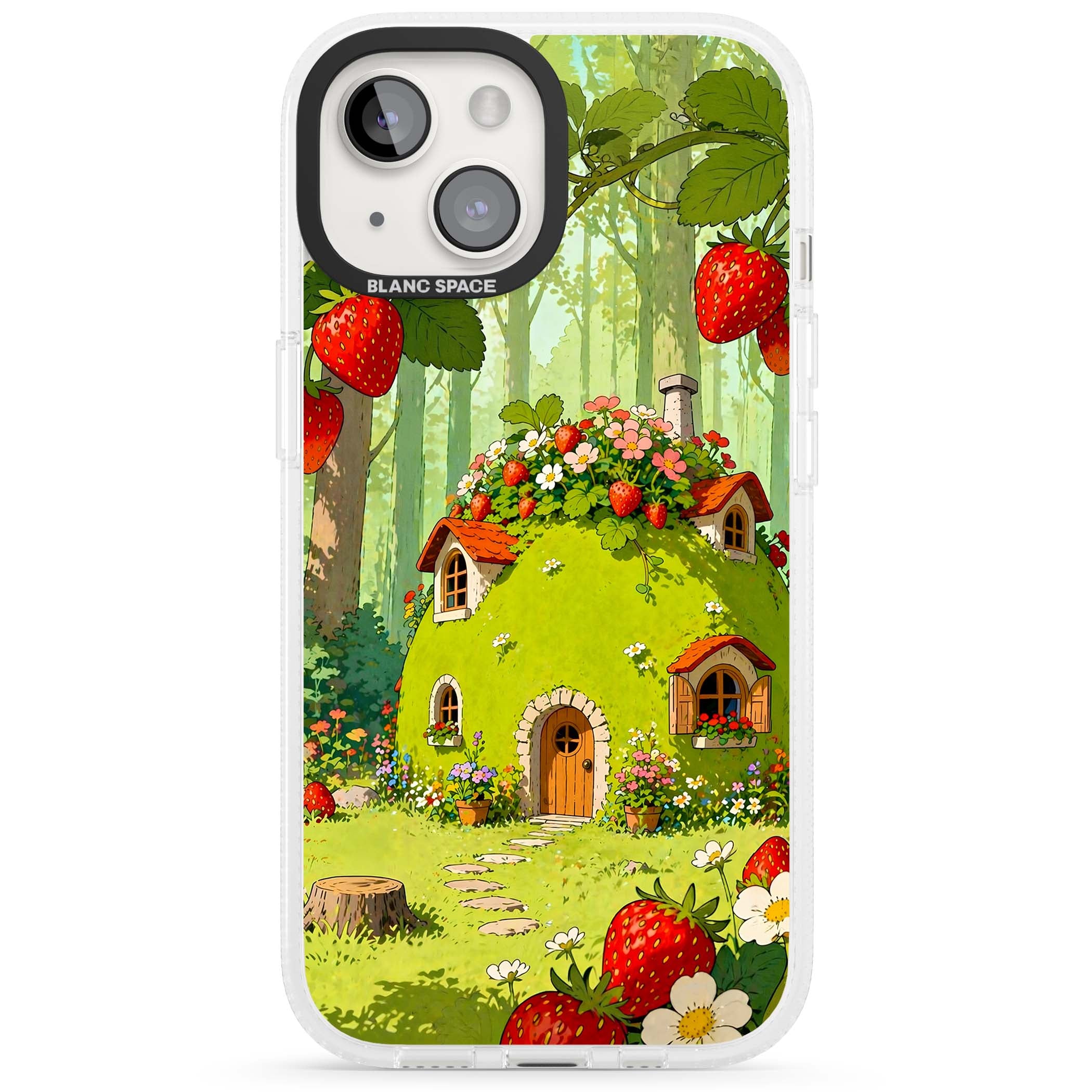 Strawberry Cottage cottagecore iPhone case featuring a green fairy house, wild strawberries and enchanted forest flowers | Clear Case Impact Air case for iPhone 15, iPhone 15 Plus