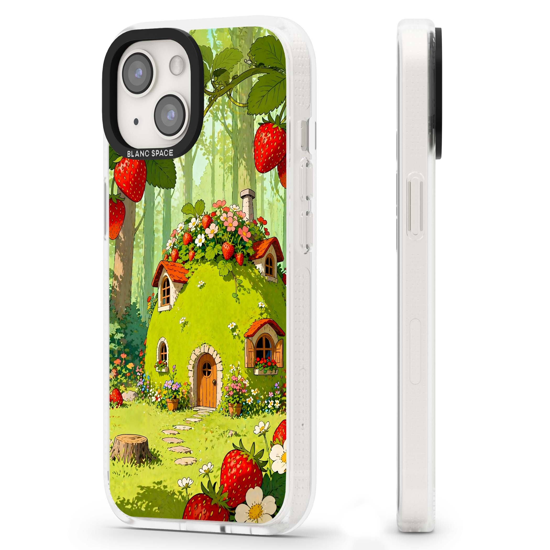 Strawberry Cottage cottagecore iPhone case featuring a green fairy house, wild strawberries and enchanted forest flowers | Clear Case Impact Air case for iPhone 15, iPhone 15 Plus