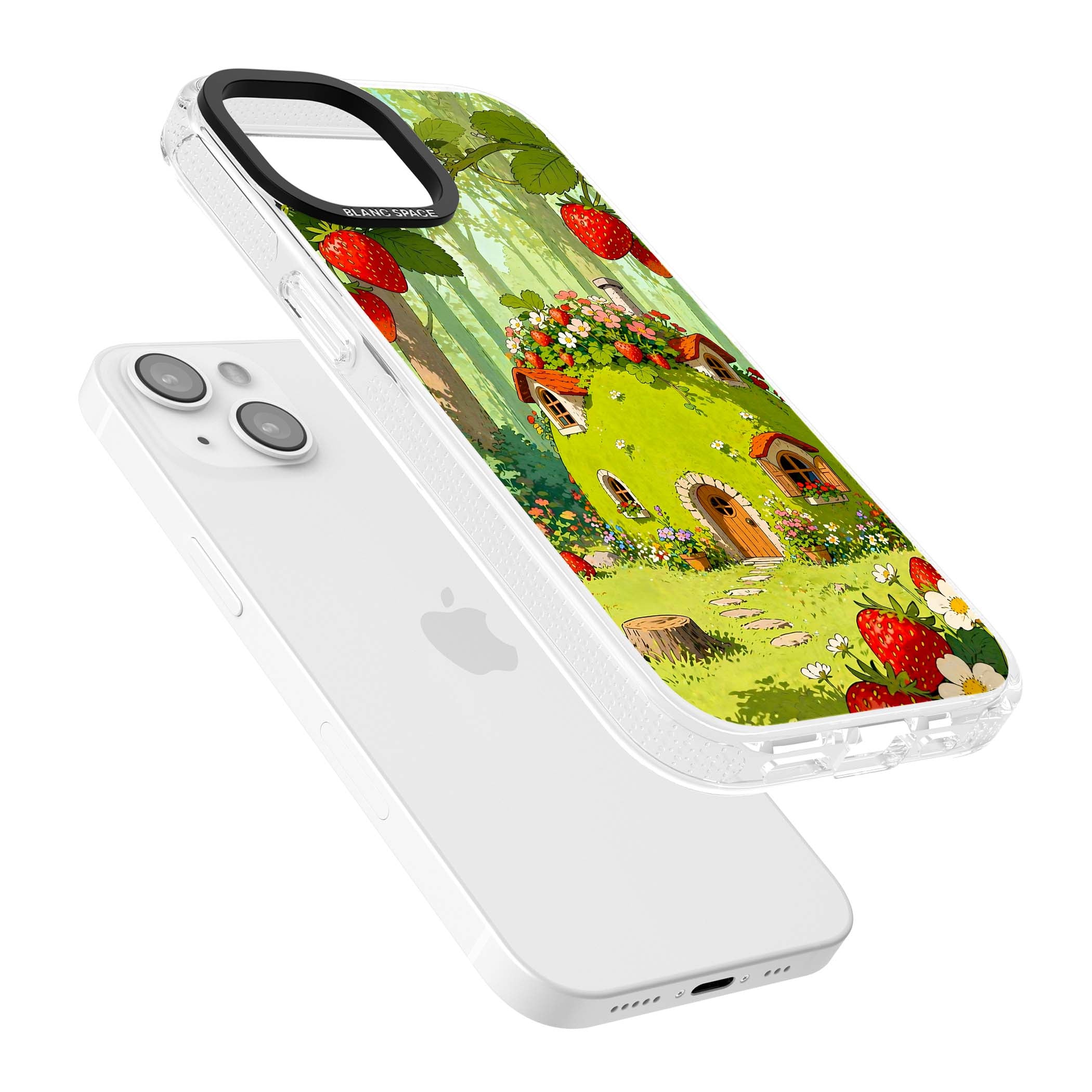 Strawberry Cottage cottagecore iPhone case featuring a green fairy house, wild strawberries and enchanted forest flowers | Clear Case Impact Air case for iPhone 15, iPhone 15 Plus
