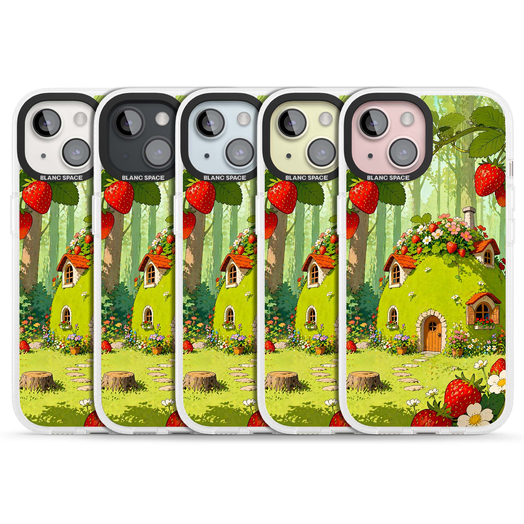 Strawberry Cottage cottagecore iPhone case featuring a green fairy house, wild strawberries and enchanted forest flowers | Clear Case Impact Air case for iPhone 15, iPhone 15 Plus