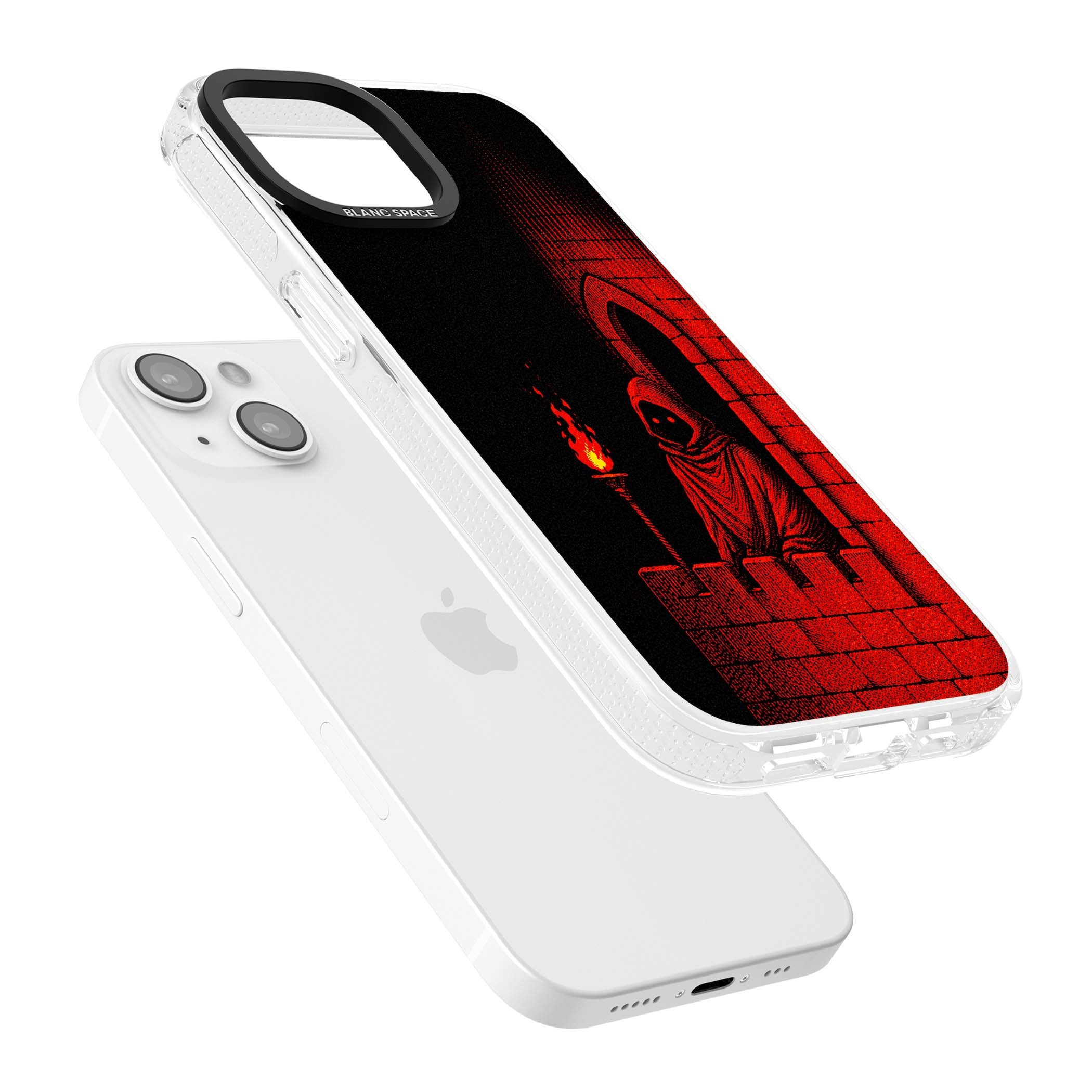 Crimson Crypt gothic iPhone case featuring a hooded reaper, torchlit crypt archway and red halftone horror art | Clear Case Impact Air case for iPhone 15, iPhone 15 Plus