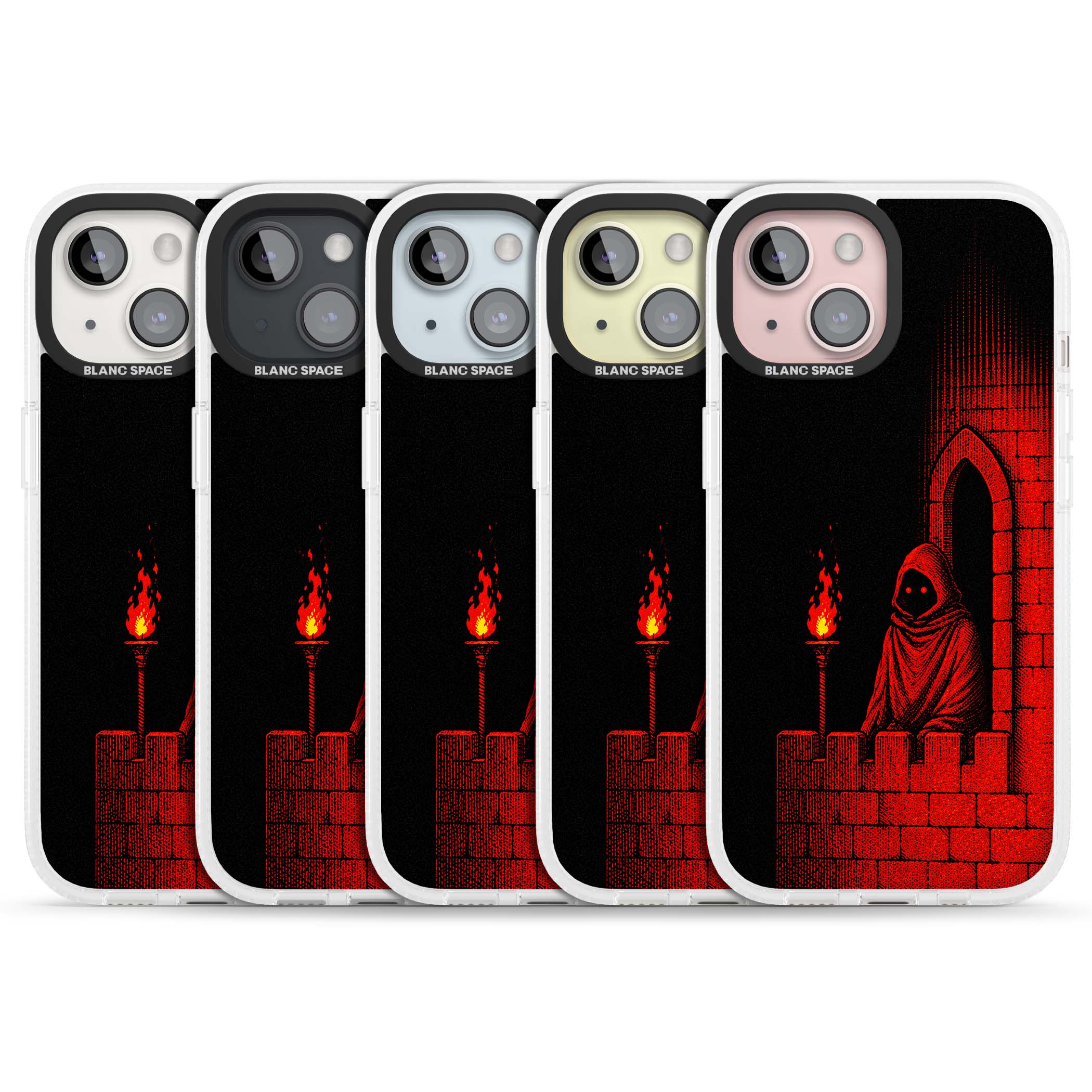 Crimson Crypt gothic iPhone case featuring a hooded reaper, torchlit crypt archway and red halftone horror art | Clear Case Impact Air case for iPhone 15, iPhone 15 Plus