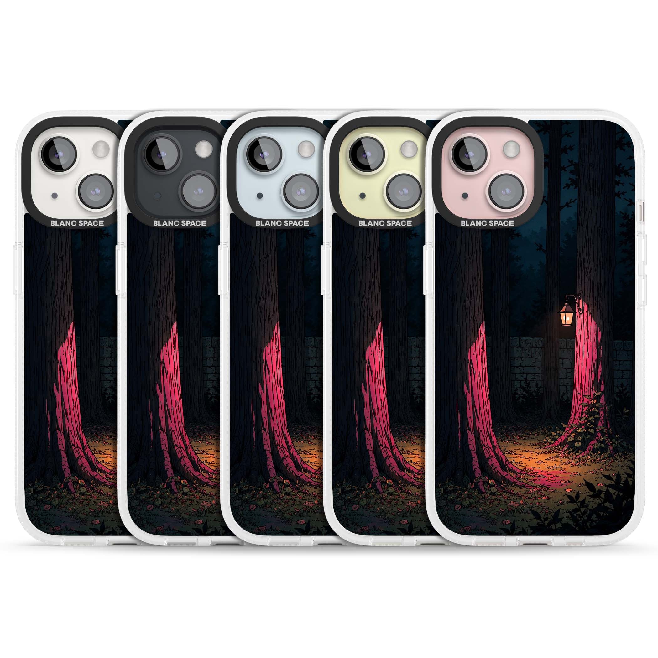 Forest Lantern dark academia iPhone case featuring a moonlit forest, glowing lantern, and stone wall pathway | Clear Case Impact Air case for iPhone 15, iPhone 15 Plus