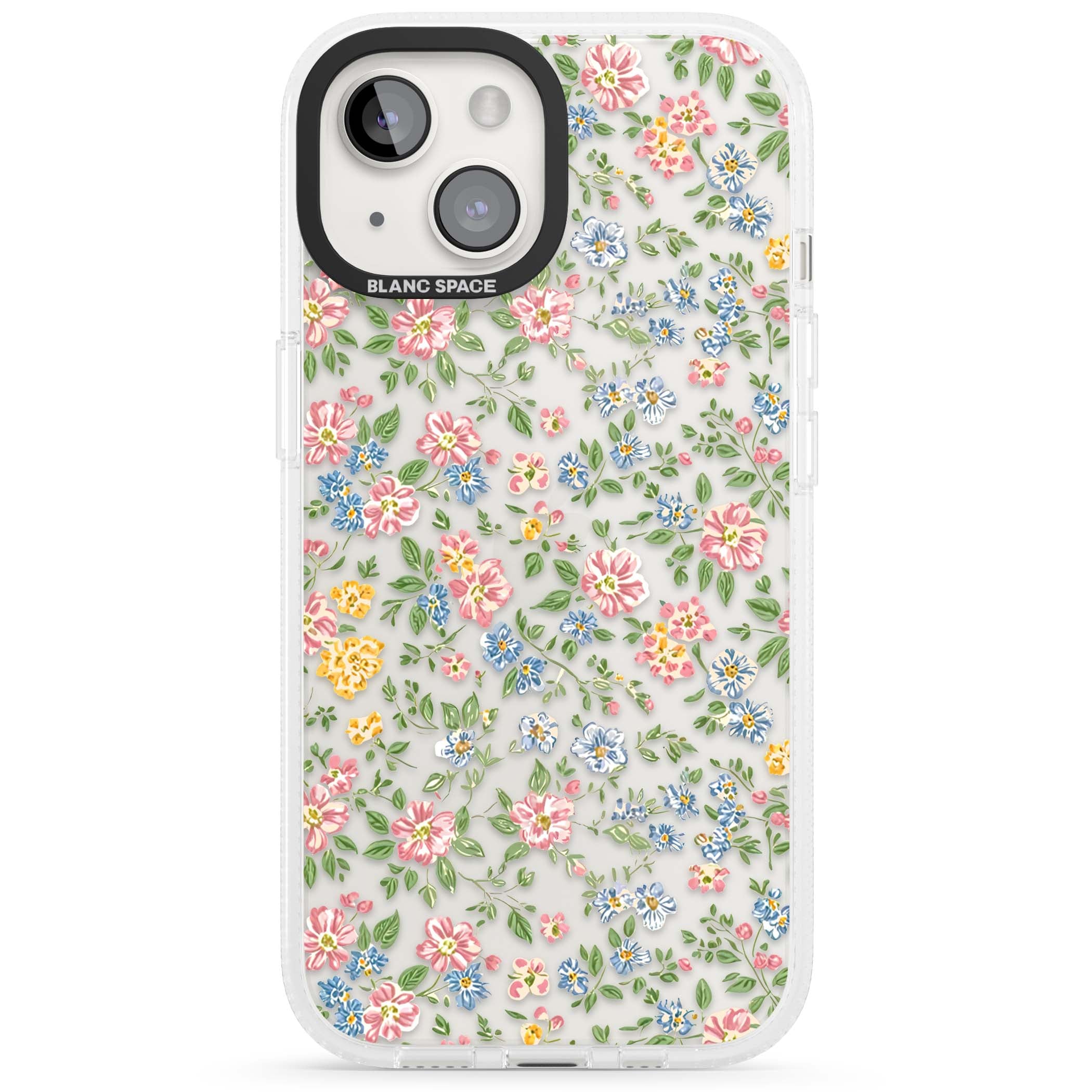 Soft Meadow cottagecore iPhone case featuring pink cosmos, blue forget-me-nots, yellow buttercups and green leaves sca | Clear Case Impact Air case for iPhone 15, iPhone 15 Plus
