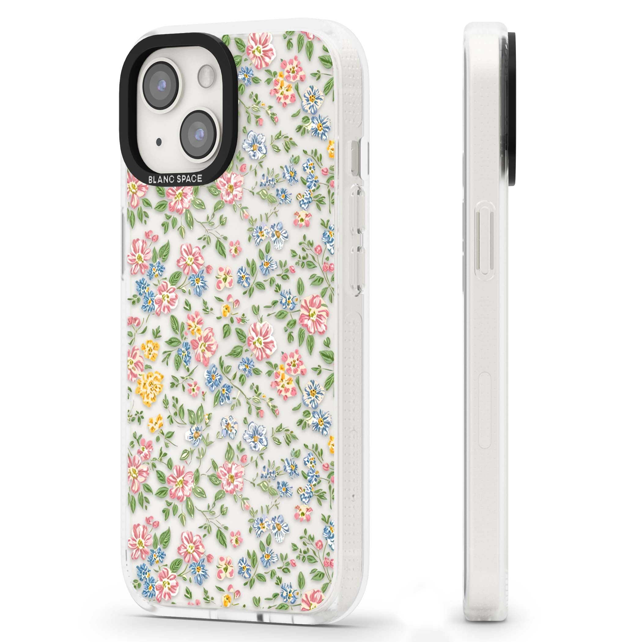 Soft Meadow cottagecore iPhone case featuring pink cosmos, blue forget-me-nots, yellow buttercups and green leaves sca | Clear Case Impact Air case for iPhone 15, iPhone 15 Plus