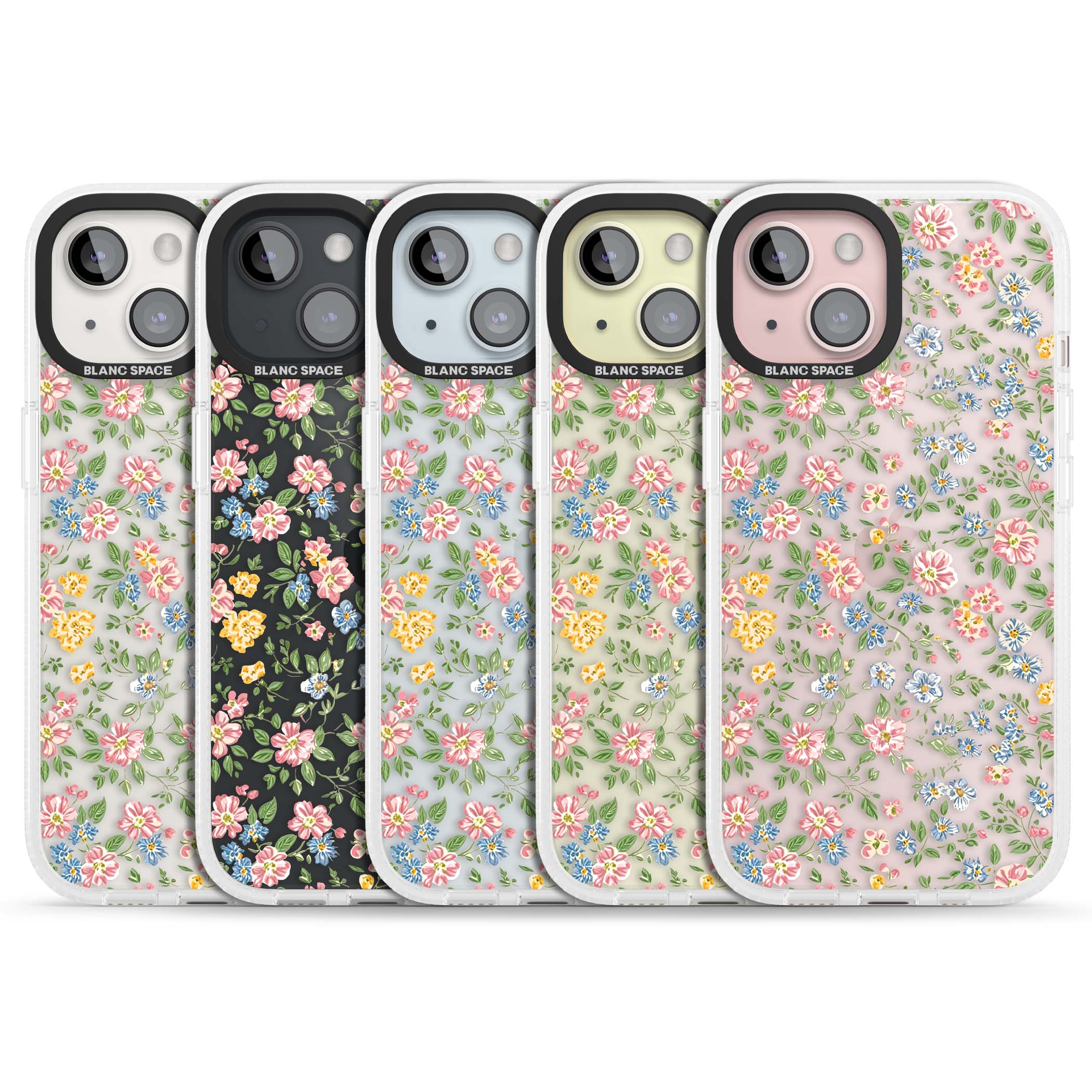 Soft Meadow cottagecore iPhone case featuring pink cosmos, blue forget-me-nots, yellow buttercups and green leaves sca | Clear Case Impact Air case for iPhone 15, iPhone 15 Plus