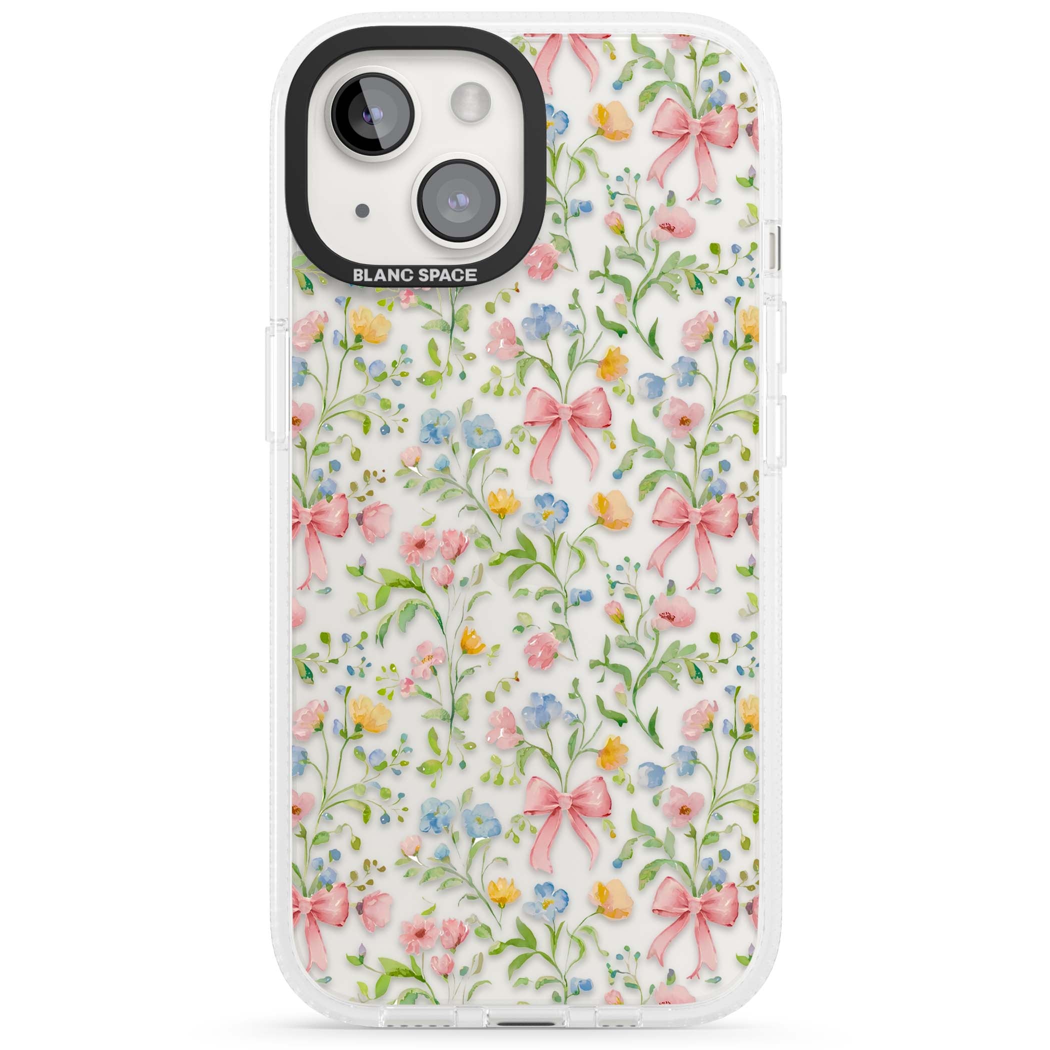 Ribbons & Wildflowers cottagecore iPhone case featuring watercolor wildflowers, pink satin bows, and delicate spring blooms o | Clear Case Impact Air case for iPhone 15, iPhone 15 Plus