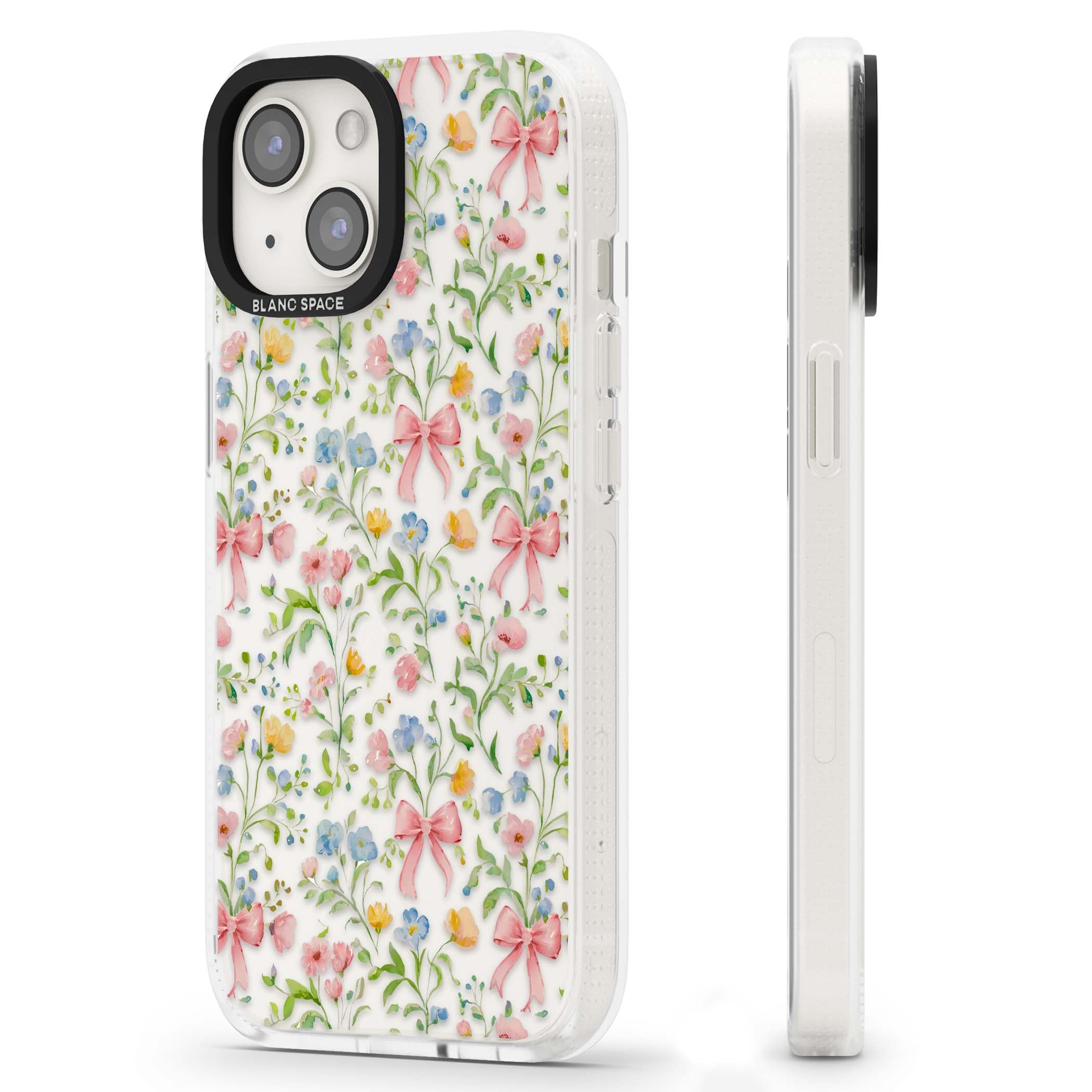 Ribbons & Wildflowers cottagecore iPhone case featuring watercolor wildflowers, pink satin bows, and delicate spring blooms o | Clear Case Impact Air case for iPhone 15, iPhone 15 Plus