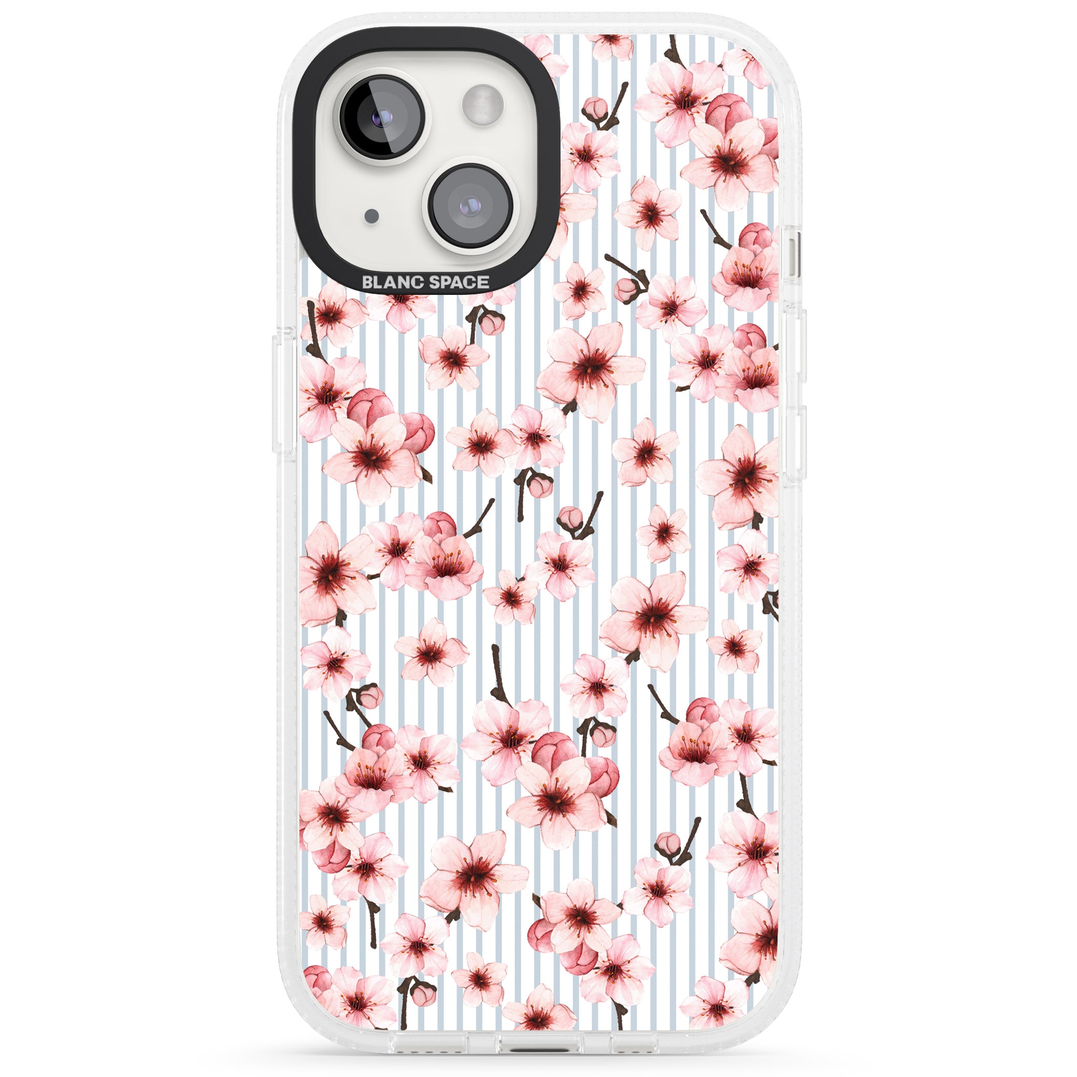 Cherry Blossoms on Blue Stripes Pattern iPhone 15 / 14 / 13 Clear Case Impact Air - Blanc Space