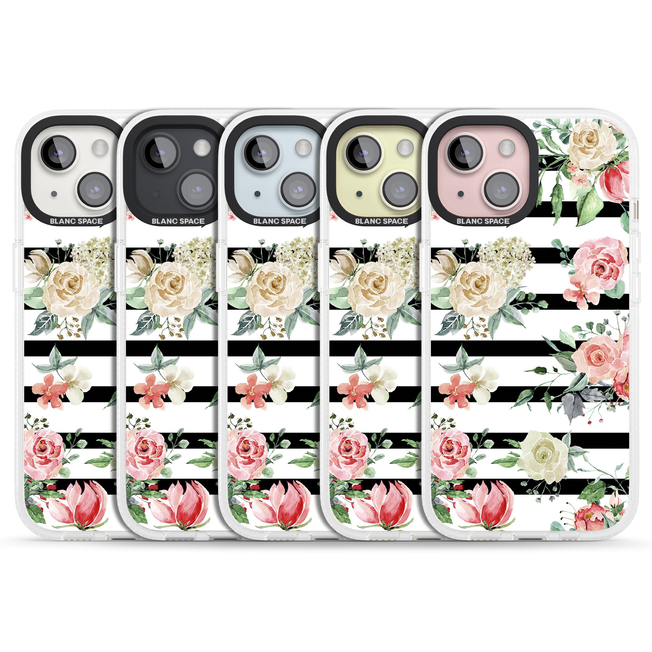 Bold Stripes & Flower Pattern iPhone 15 / 14 / 13 Clear Case Impact Air - Blanc Space