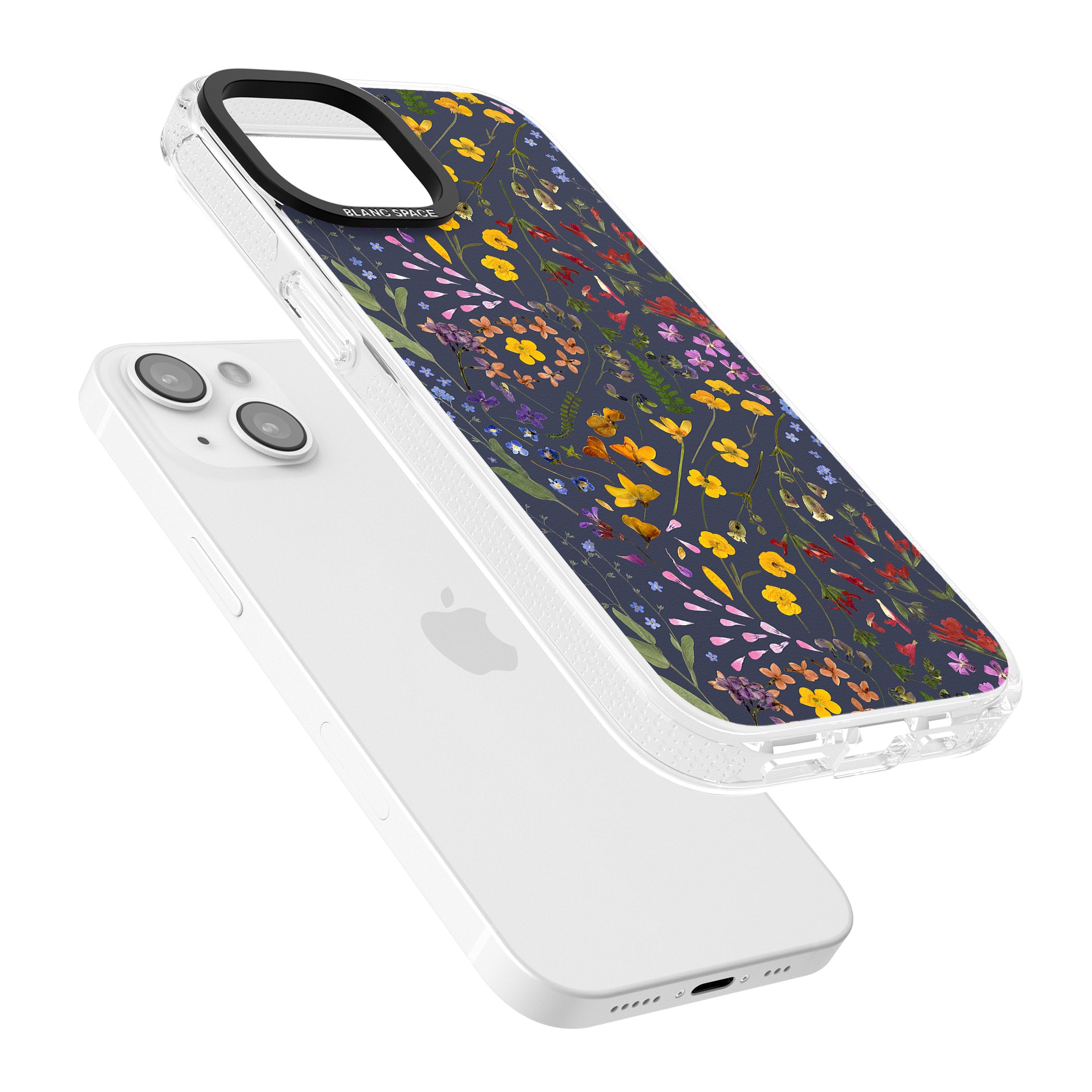 Wildflower & Leaves Cluster Design - Navy iPhone 15 / 14 / 13 Clear Case Impact Air - Blanc Space