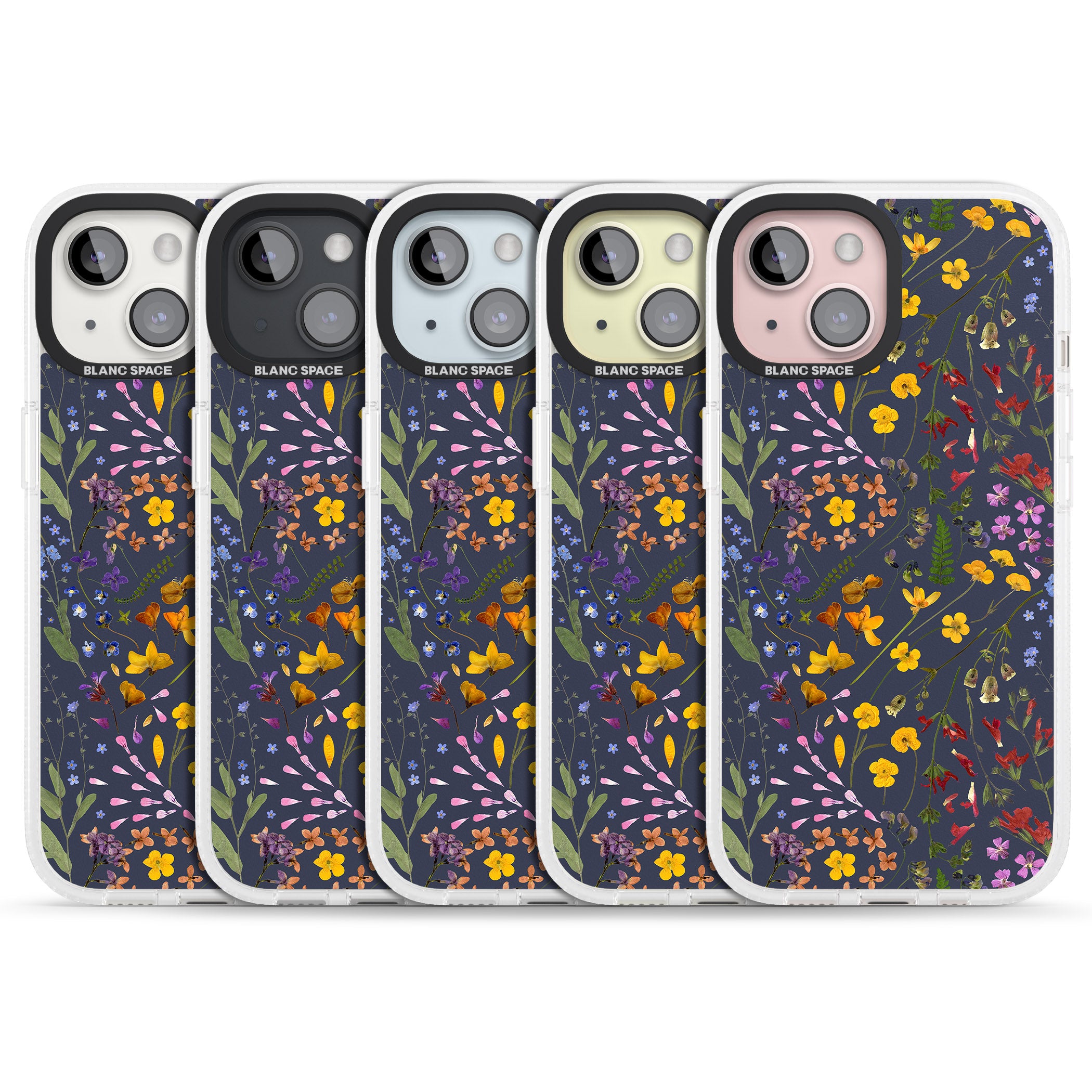 Wildflower & Leaves Cluster Design - Navy iPhone 15 / 14 / 13 Clear Case Impact Air - Blanc Space
