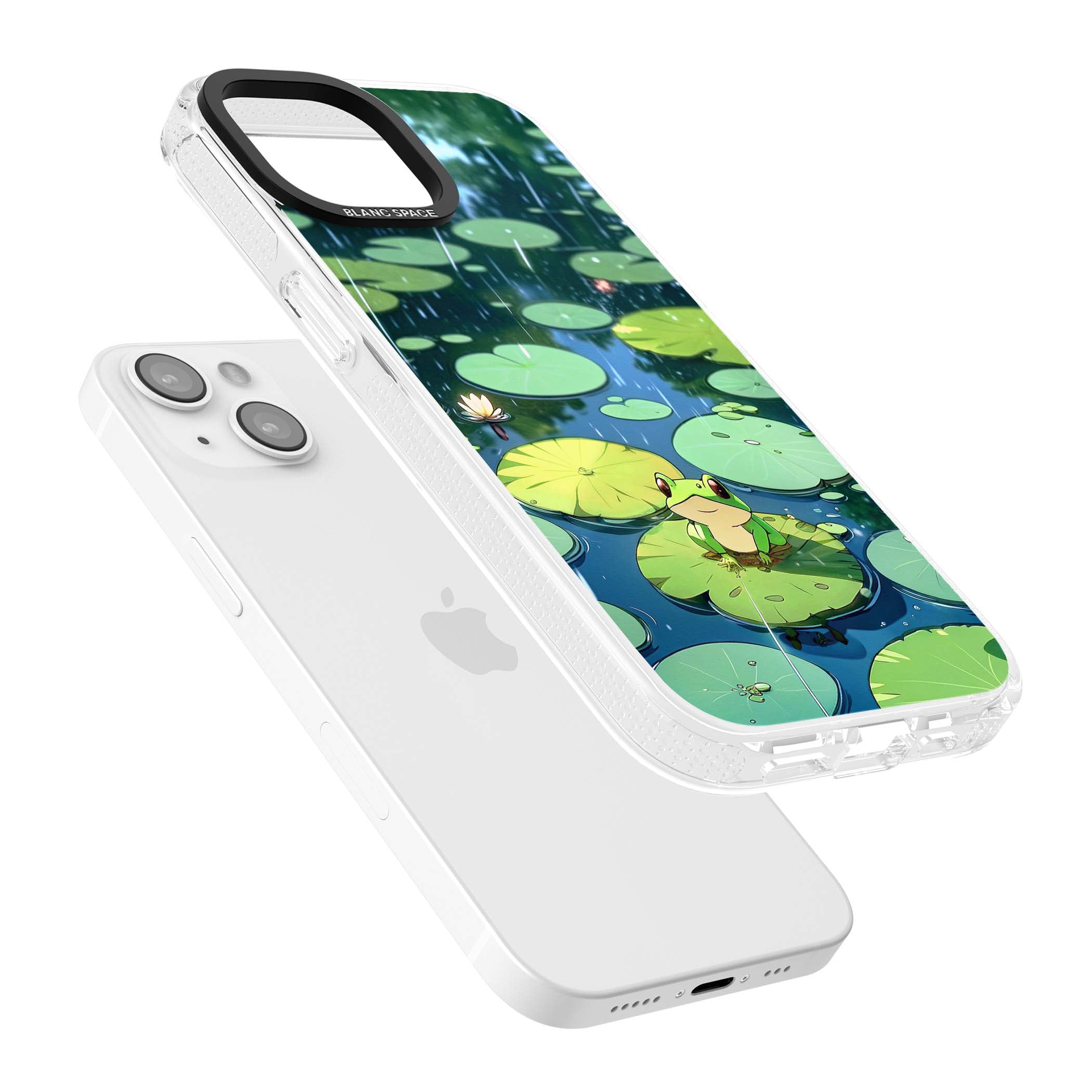 Frog In Lily Pond cottagecore iPhone case featuring a cute green frog on a lily pad with falling rain and a lotus flower | Clear Case Impact Air case for iPhone 15, iPhone 15 Plus