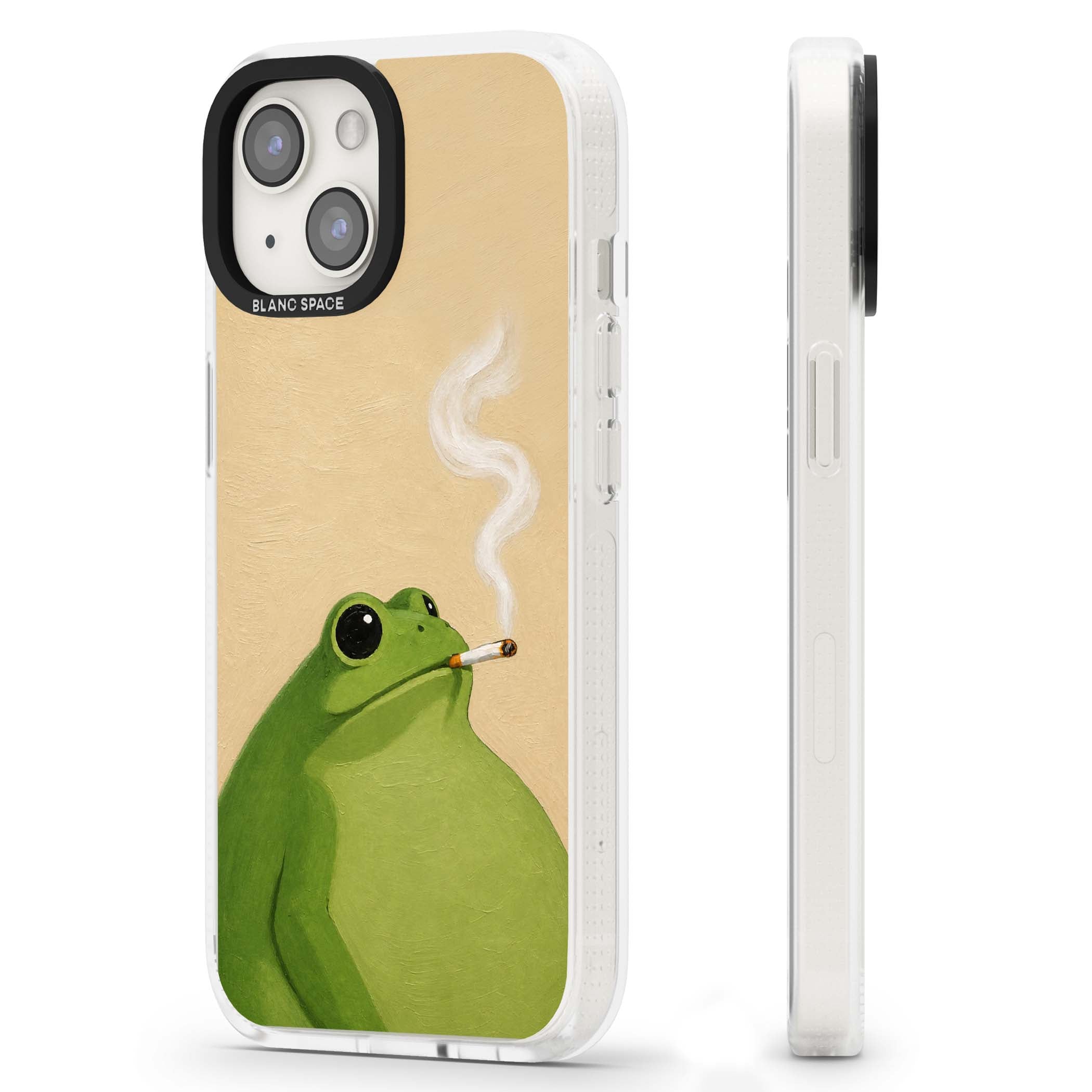 The Smoking Frog cottagecore iPhone case featuring a hand-painted green frog smoking a cigarette on a cream oil painting back | Clear Case Impact Air case for iPhone 15, iPhone 15 Plus