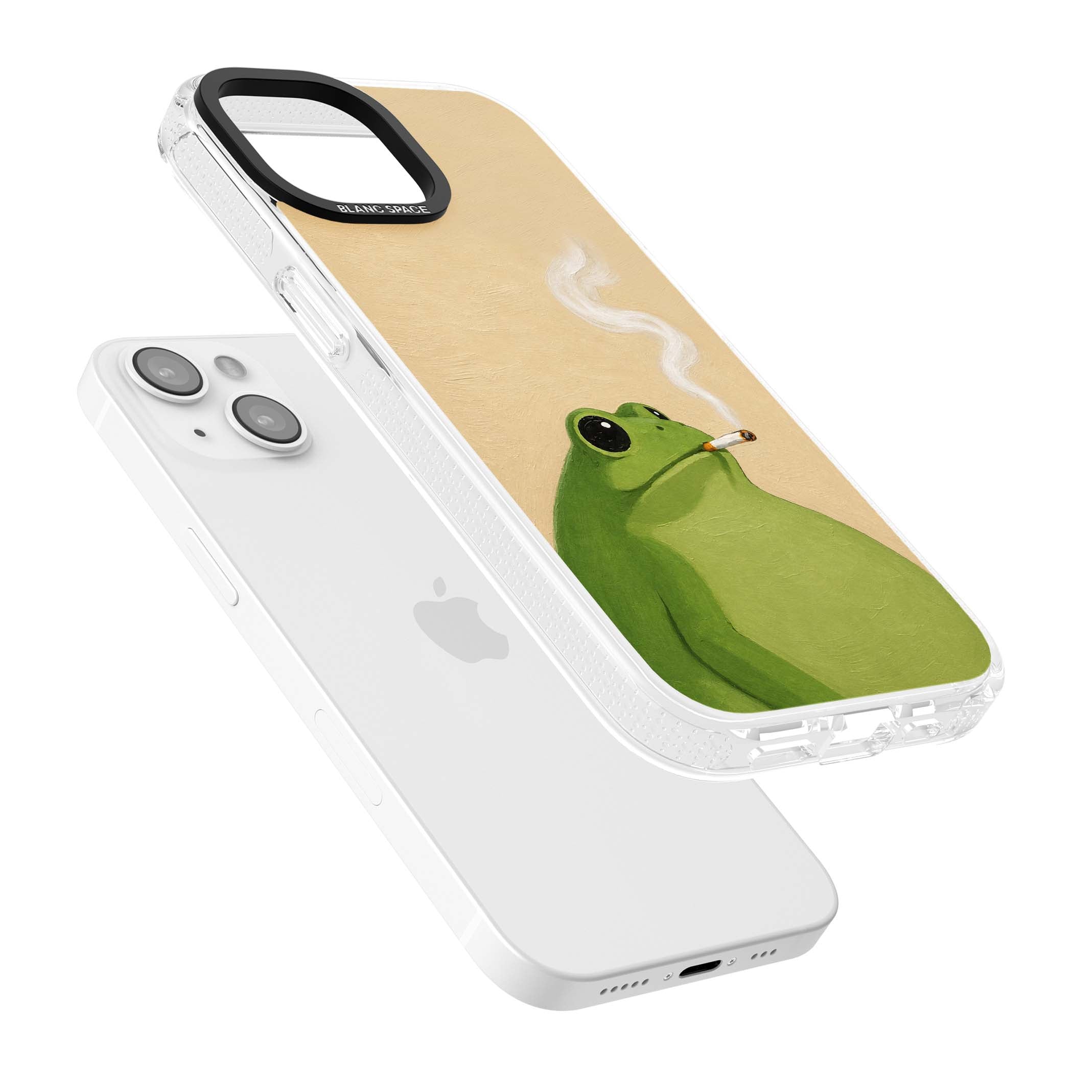 The Smoking Frog cottagecore iPhone case featuring a hand-painted green frog smoking a cigarette on a cream oil painting back | Clear Case Impact Air case for iPhone 15, iPhone 15 Plus