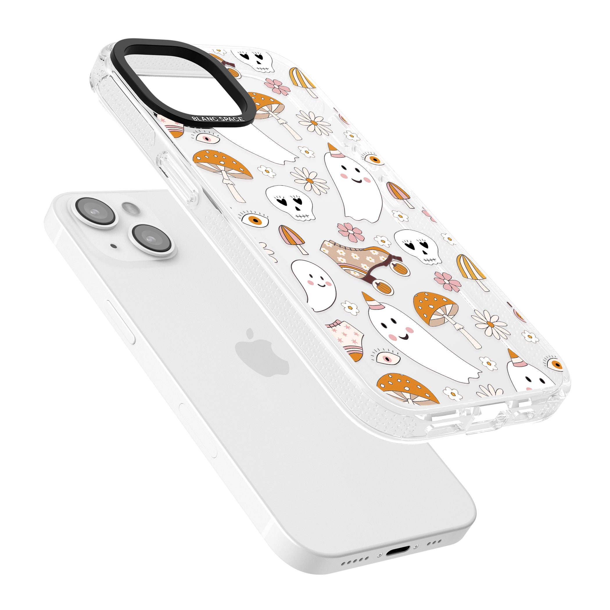 Cute Ghost and Skulls Pattern iPhone 15 / 14 / 13 Clear Case Impact Air - Blanc Space