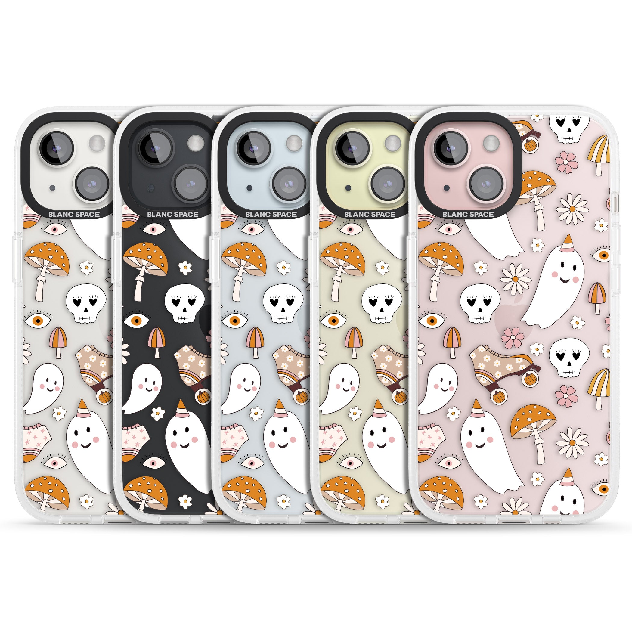 Cute Ghost and Skulls Pattern iPhone 15 / 14 / 13 Clear Case Impact Air - Blanc Space