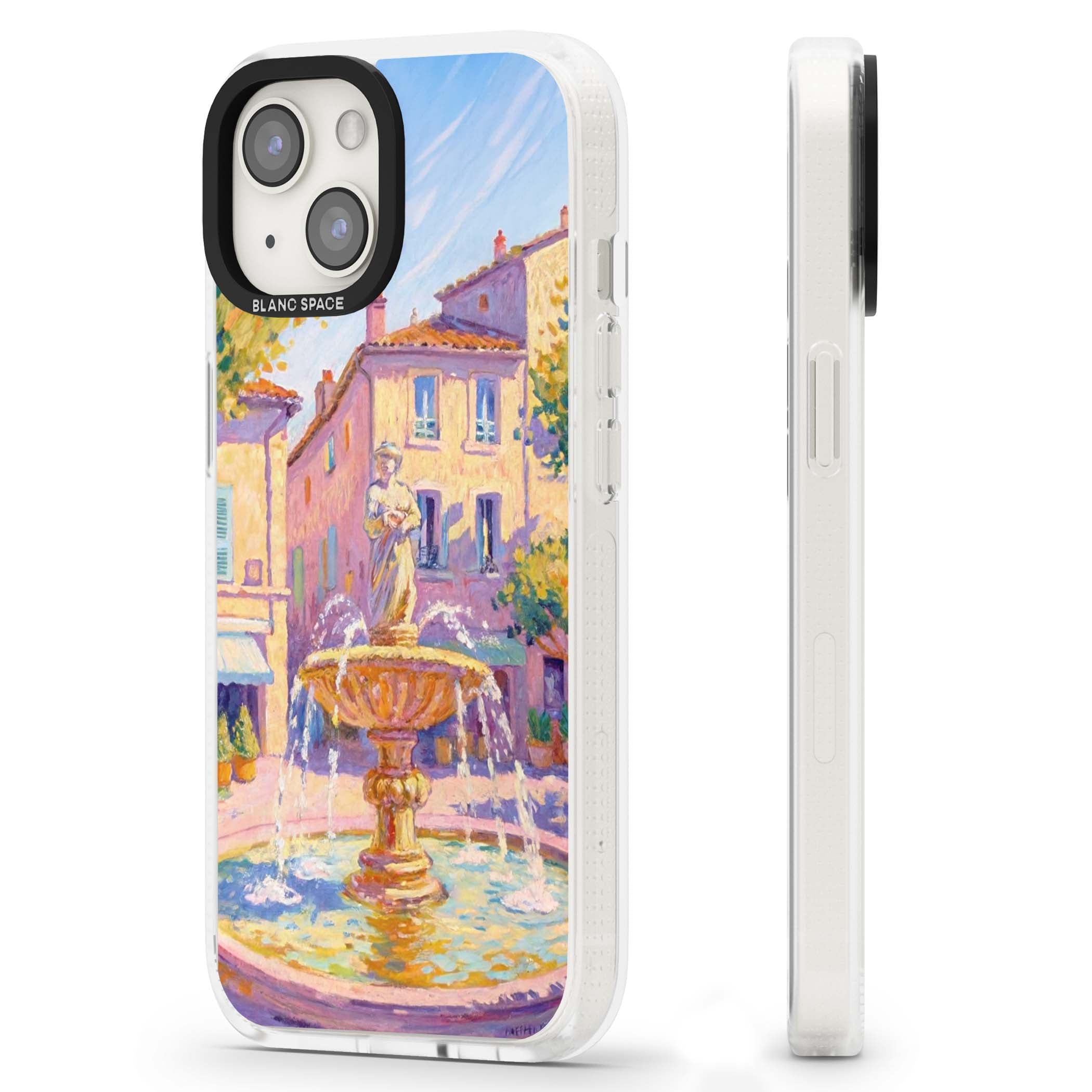 Fountain Square fine art iPhone case featuring an impressionist Provençal fountain, pastel village buildings and summe | Clear Case Impact Air case for iPhone 15, iPhone 15 Plus