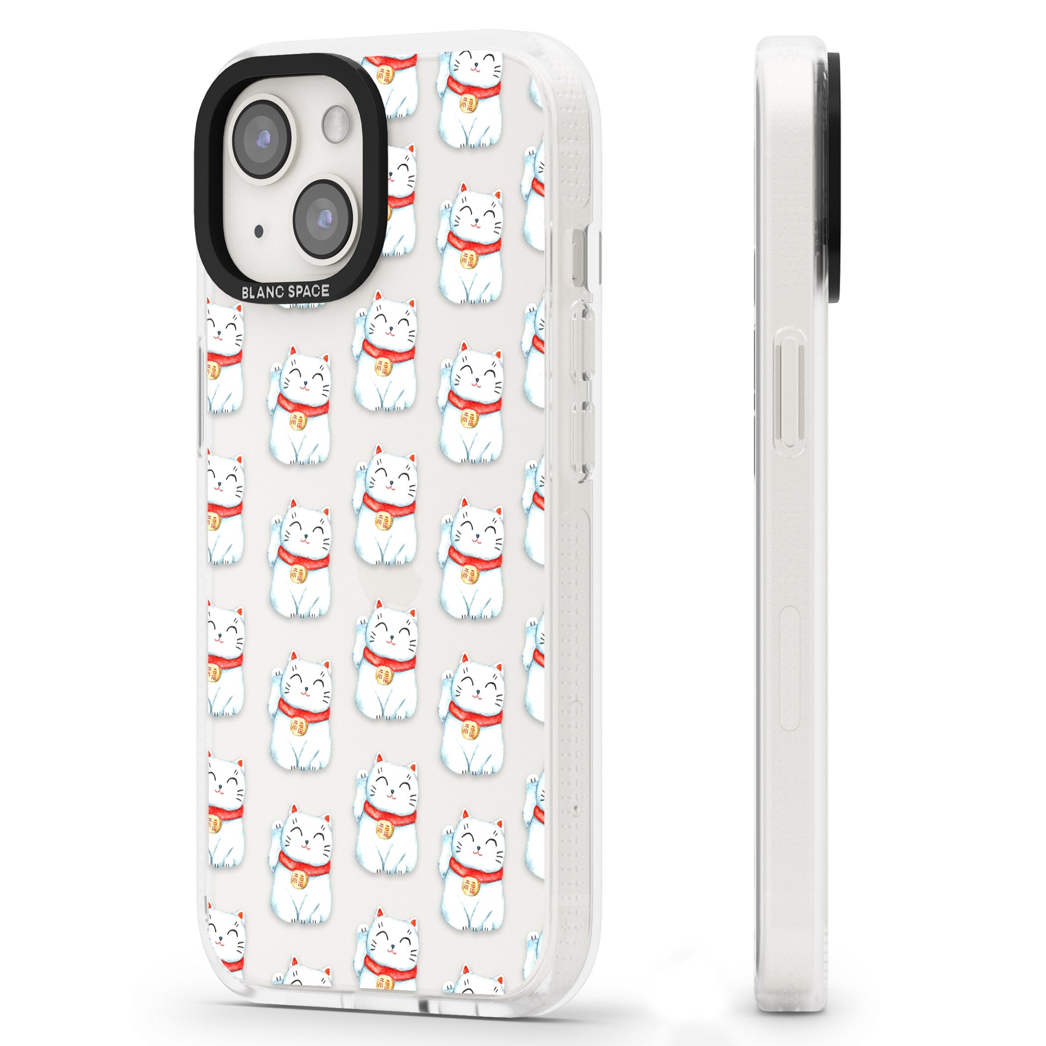Lucky Cat Maneki-Neko Japanese Pattern iPhone 15 / 14 / 13 Clear Case Impact Air - Blanc Space