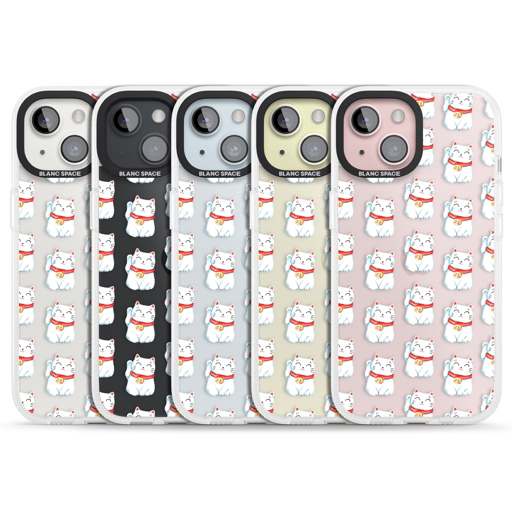 Lucky Cat Maneki-Neko Japanese Pattern iPhone 15 / 14 / 13 Clear Case Impact Air - Blanc Space