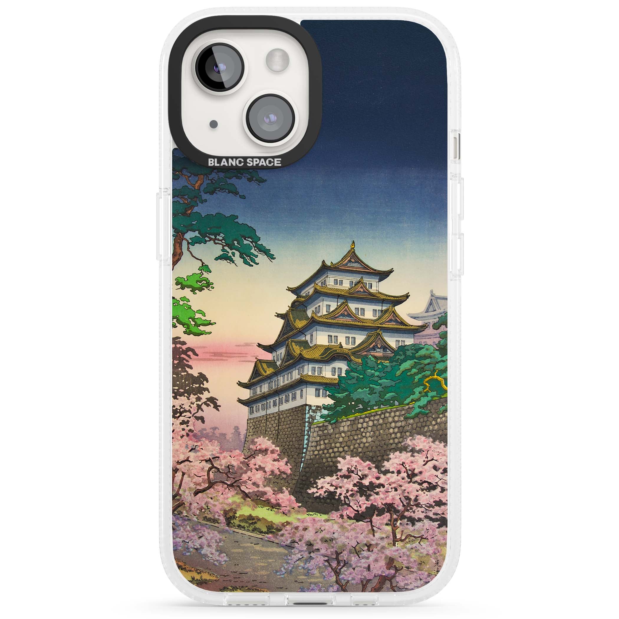 Nagoya Castle Japanese iPhone case featuring a vintage pagoda, twilight sky and cherry blossom trees | Clear Case Impact Air case for iPhone 15, iPhone 15 Plus