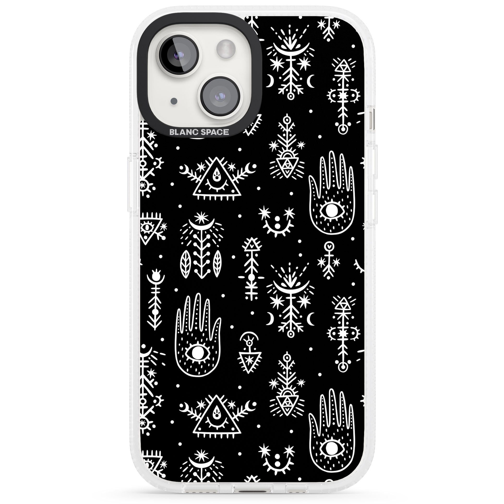 Tribal Palms - White on Black iPhone 15 / 14 / 13 Clear Case Impact Air - Blanc Space